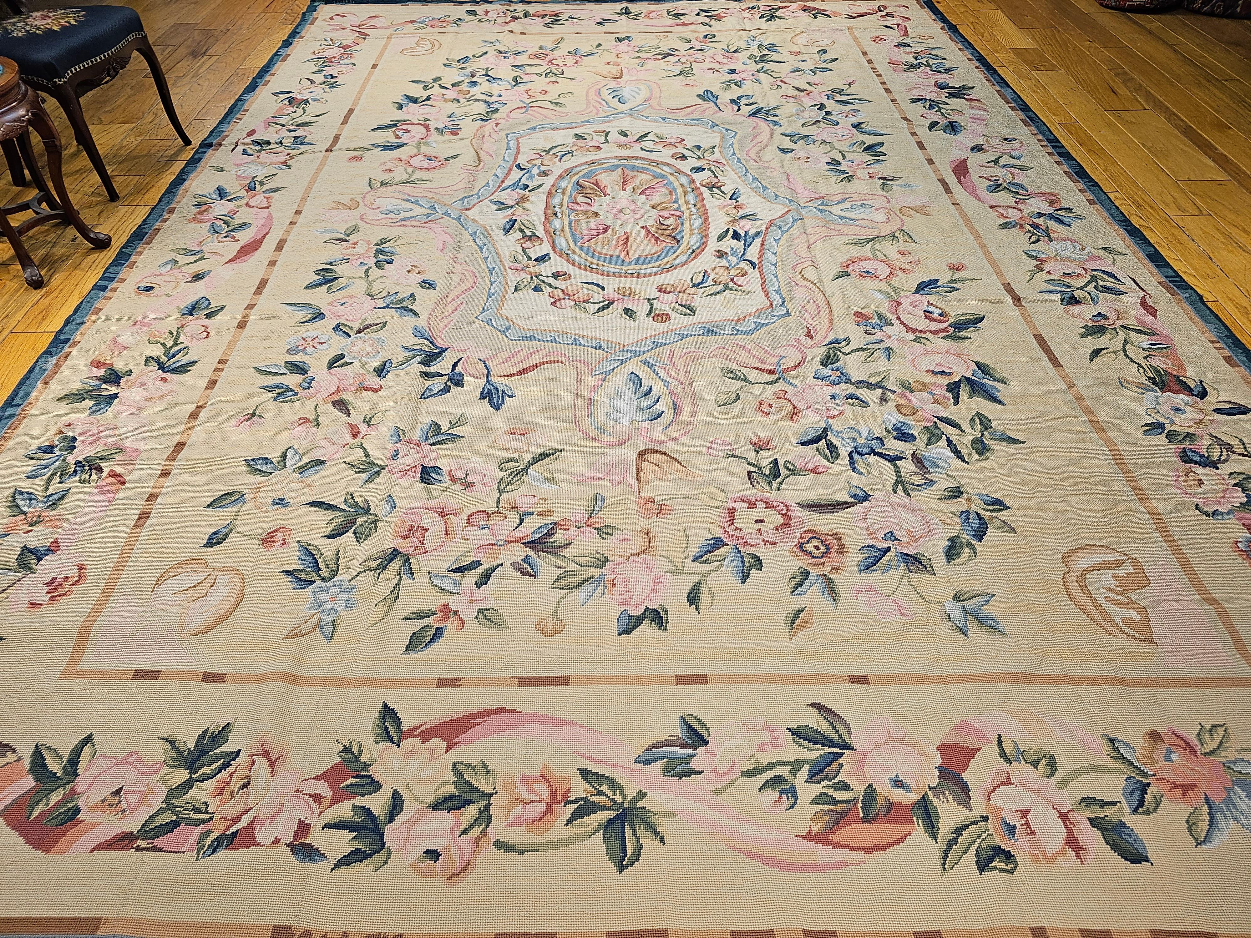 19th Century French Aubusson Needlepoint Carpet in Floral Pattern in Ivory, Blue For Sale 11