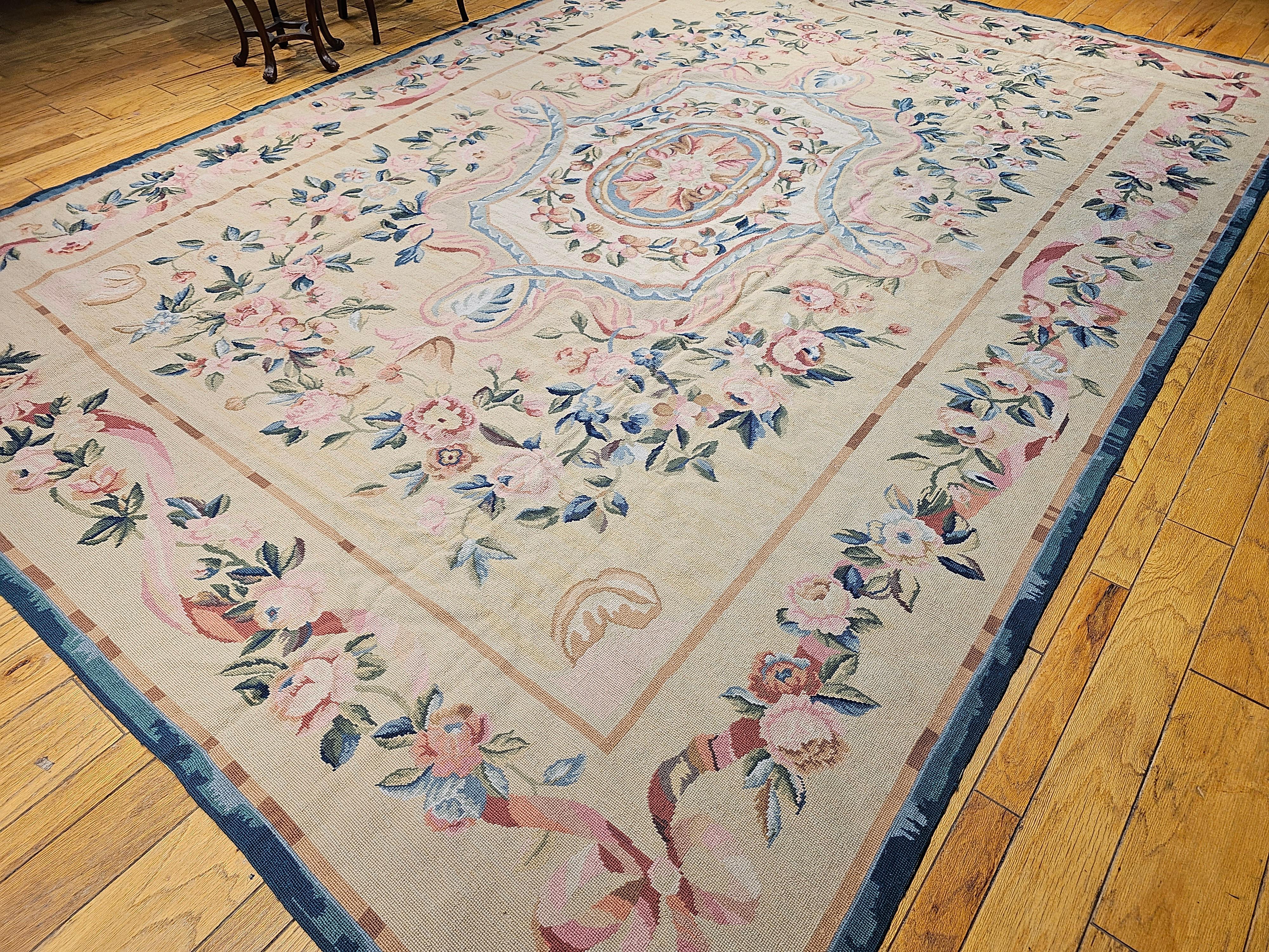 19th Century French Aubusson Needlepoint Carpet in Floral Pattern in Ivory, Blue For Sale 12