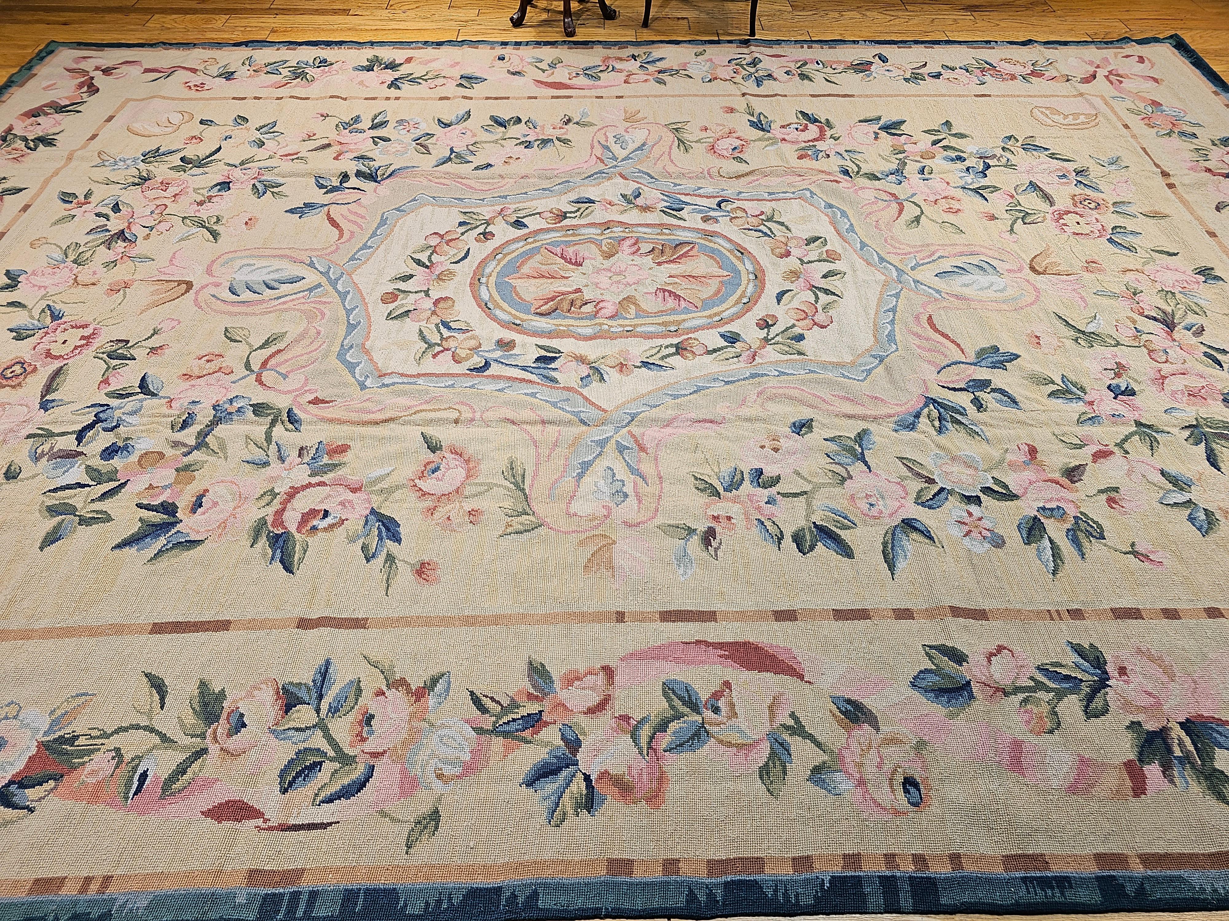 19th Century French Aubusson Needlepoint Carpet in Floral Pattern in Ivory, Blue For Sale 13