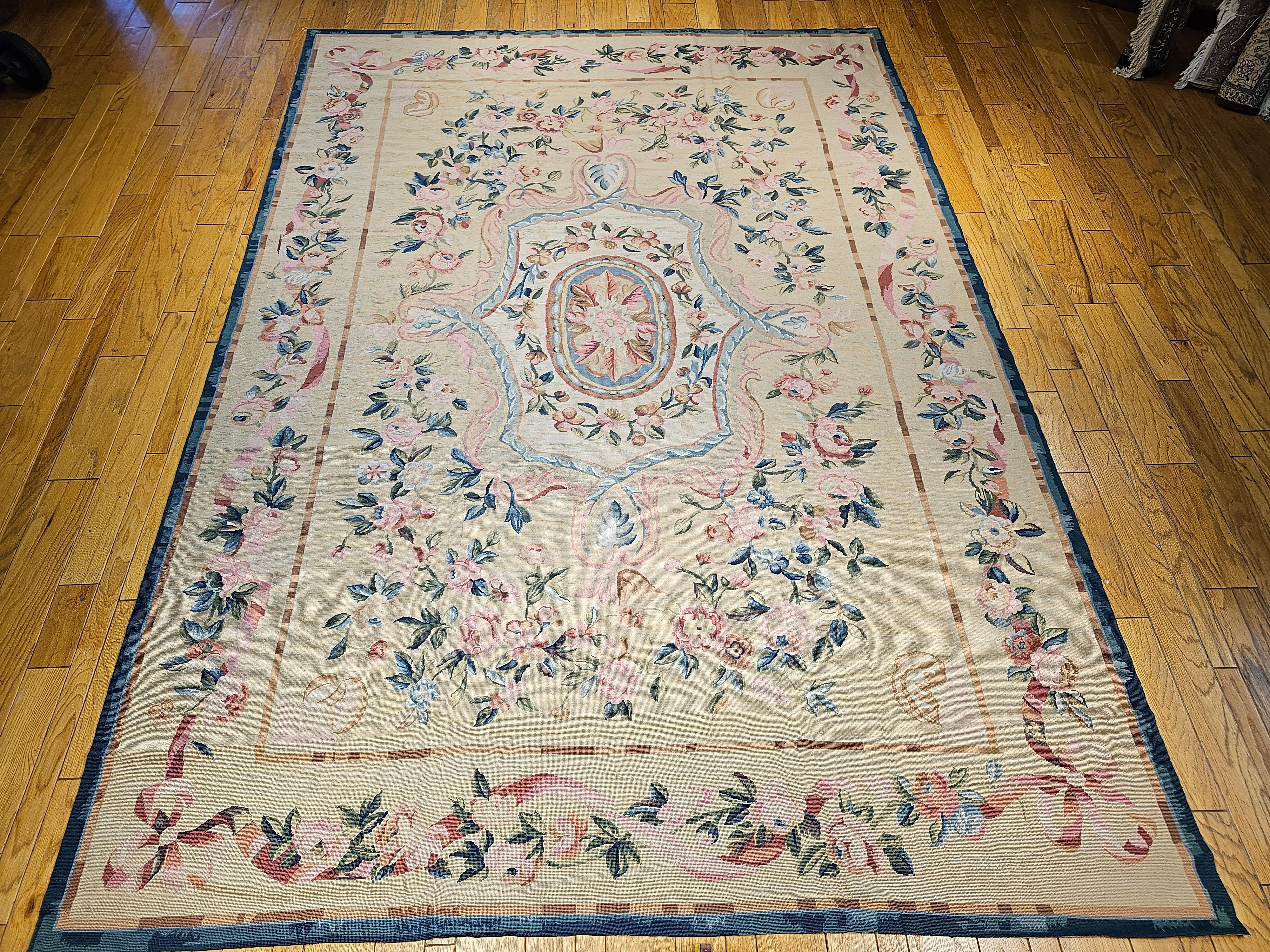 19th Century French Aubusson Needlepoint Carpet in Floral Pattern in Ivory, Blue For Sale 14