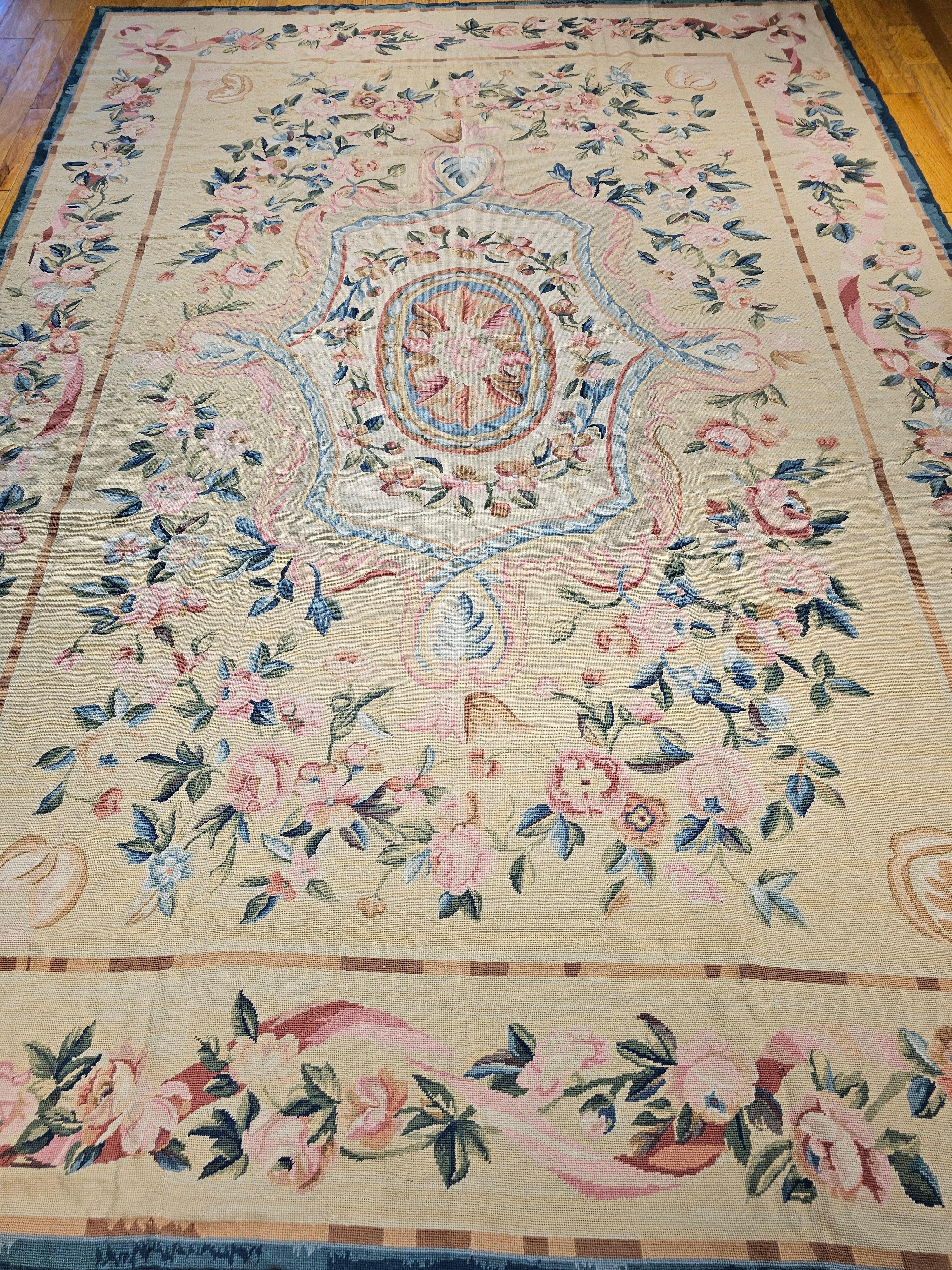 Hand-Knotted 19th Century French Aubusson Needlepoint Carpet in Floral Pattern in Ivory, Blue For Sale