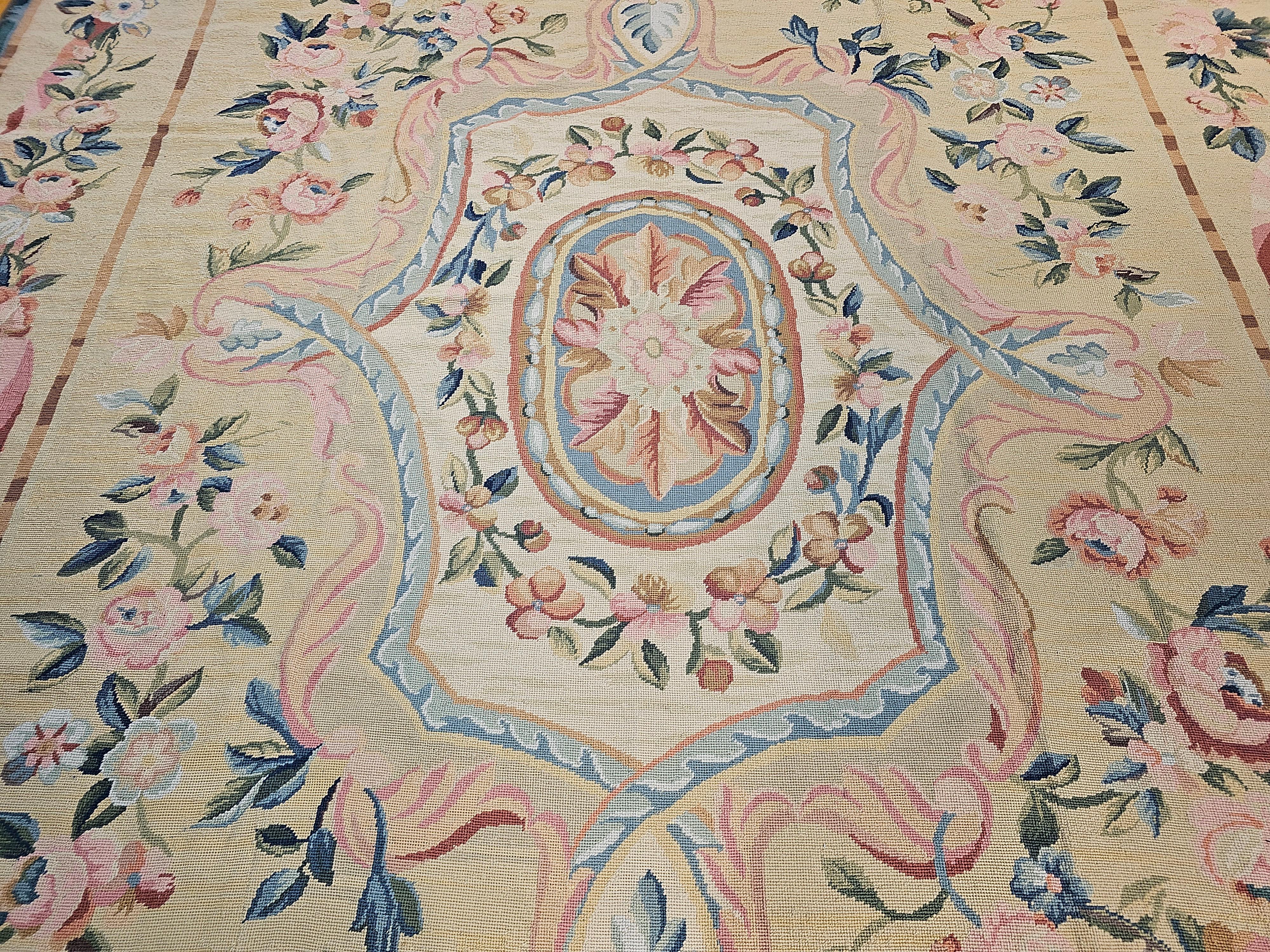 Wool 19th Century French Aubusson Needlepoint Carpet in Floral Pattern in Ivory, Blue For Sale