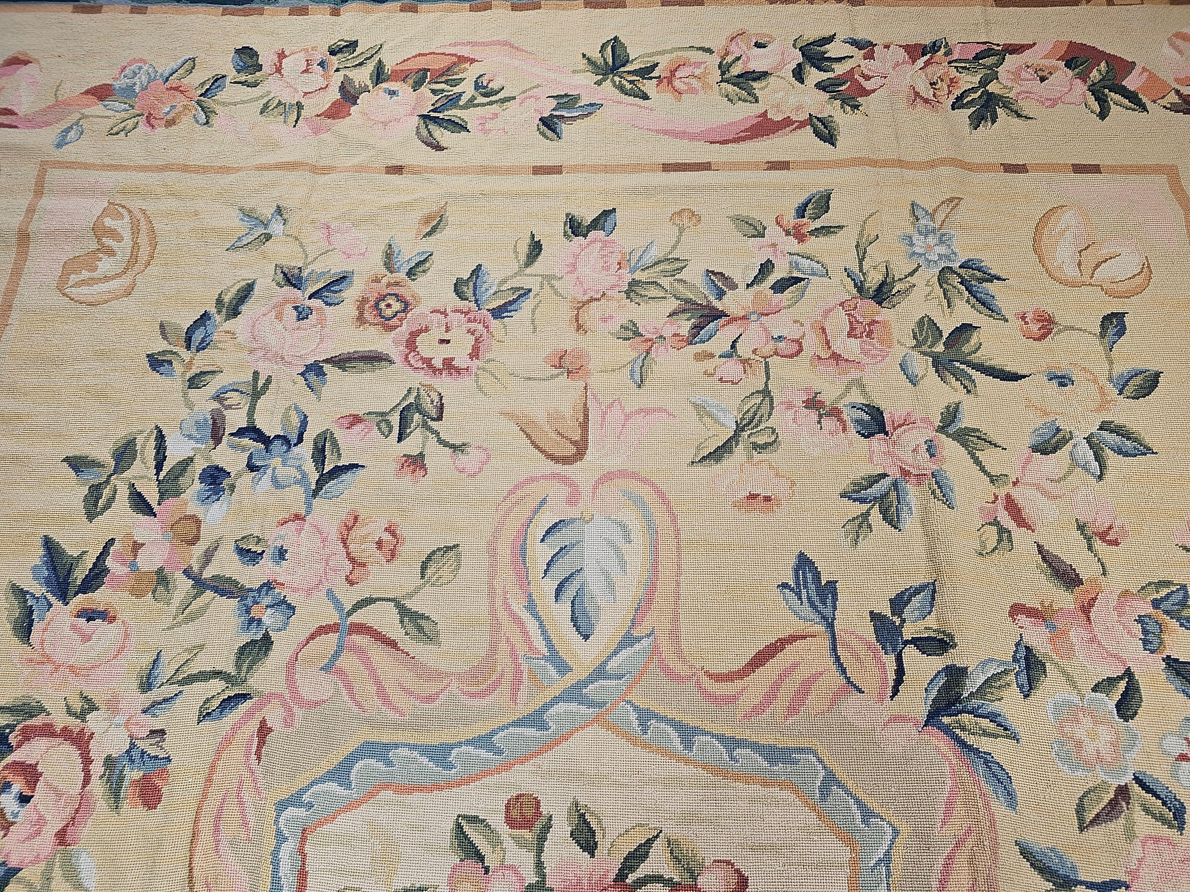 19th Century French Aubusson Needlepoint Carpet in Floral Pattern in Ivory, Blue For Sale 1