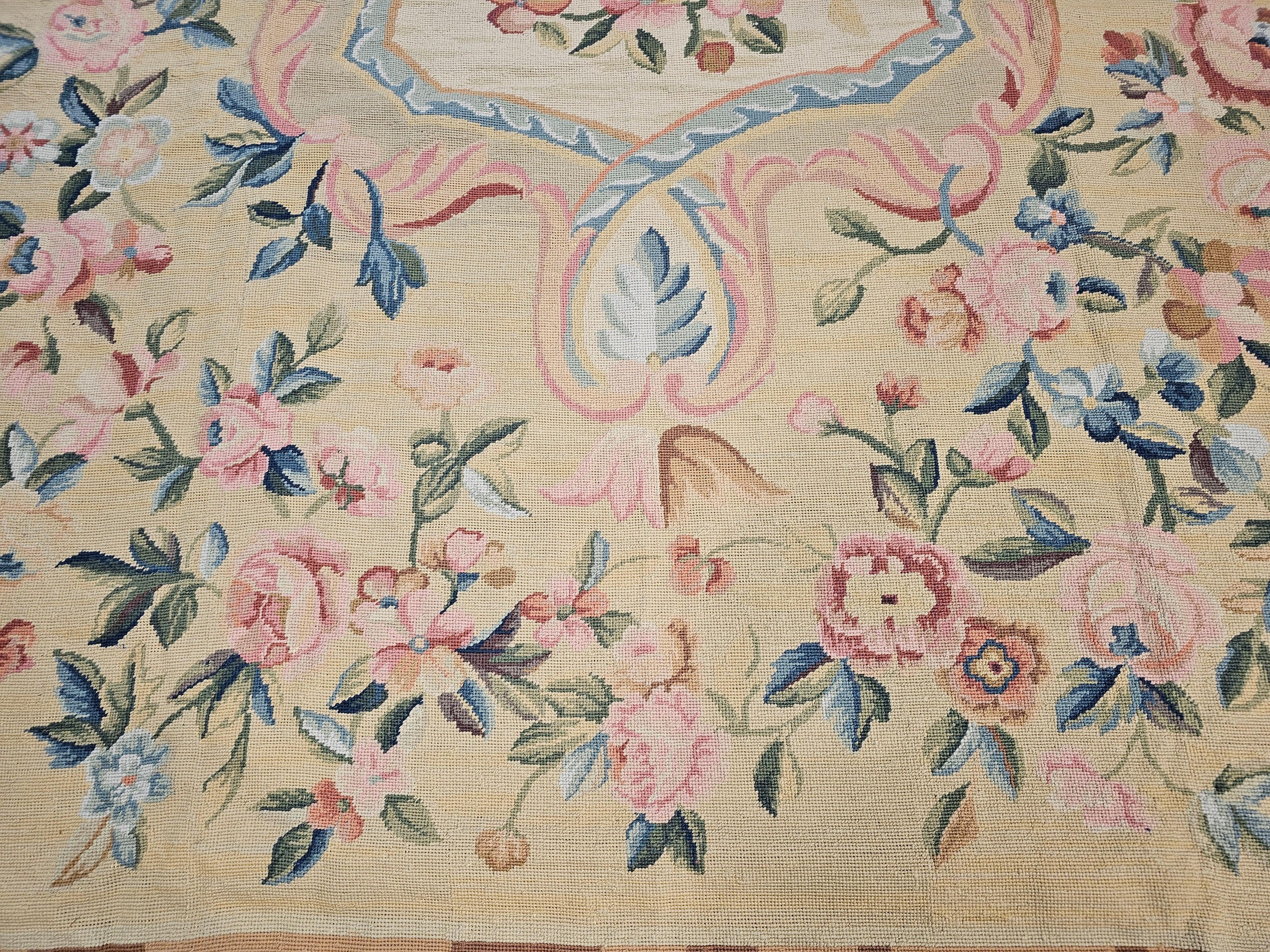 19th Century French Aubusson Needlepoint Carpet in Floral Pattern in Ivory, Blue For Sale 2