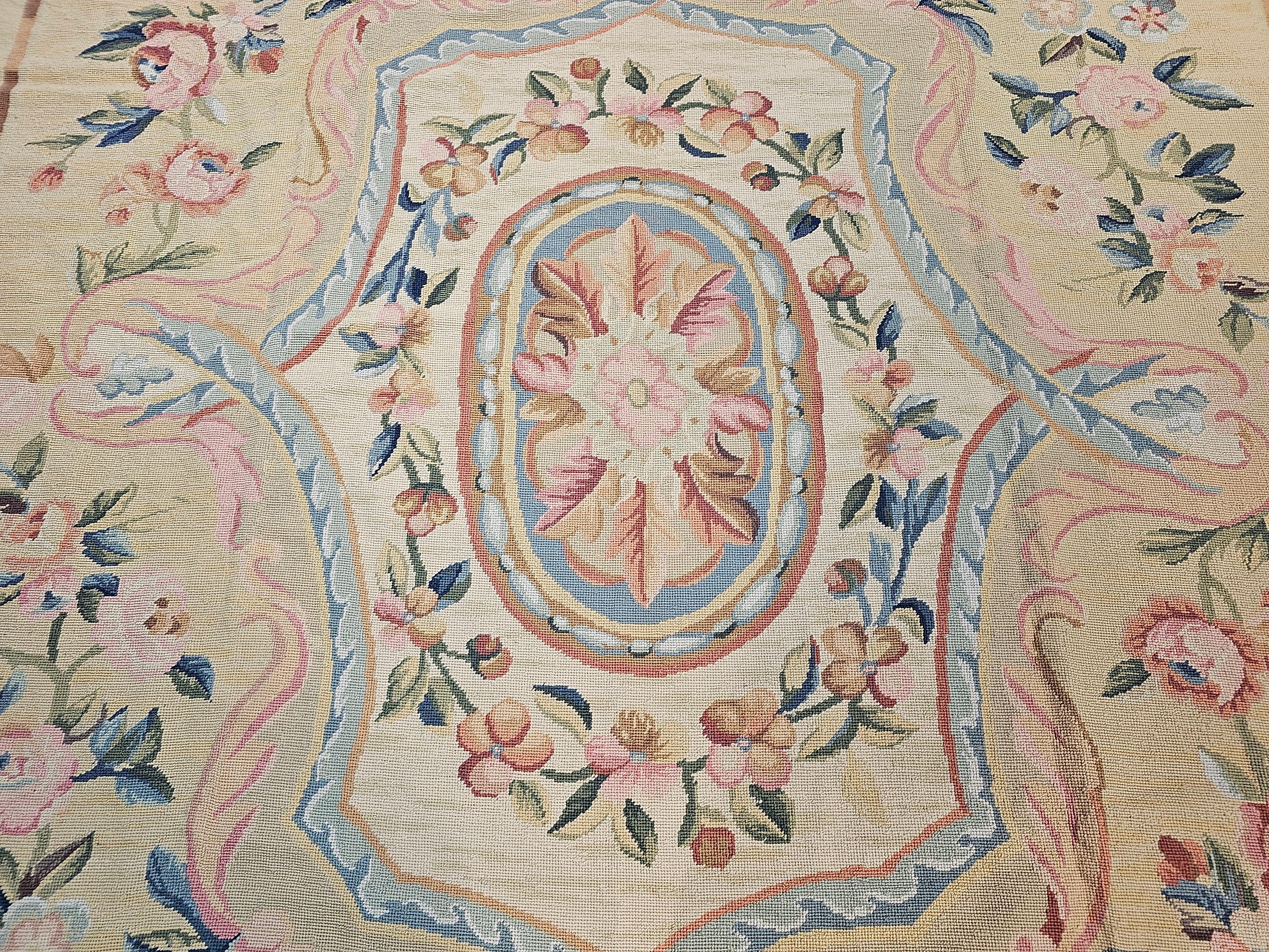 19th Century French Aubusson Needlepoint Carpet in Floral Pattern in Ivory, Blue For Sale 3