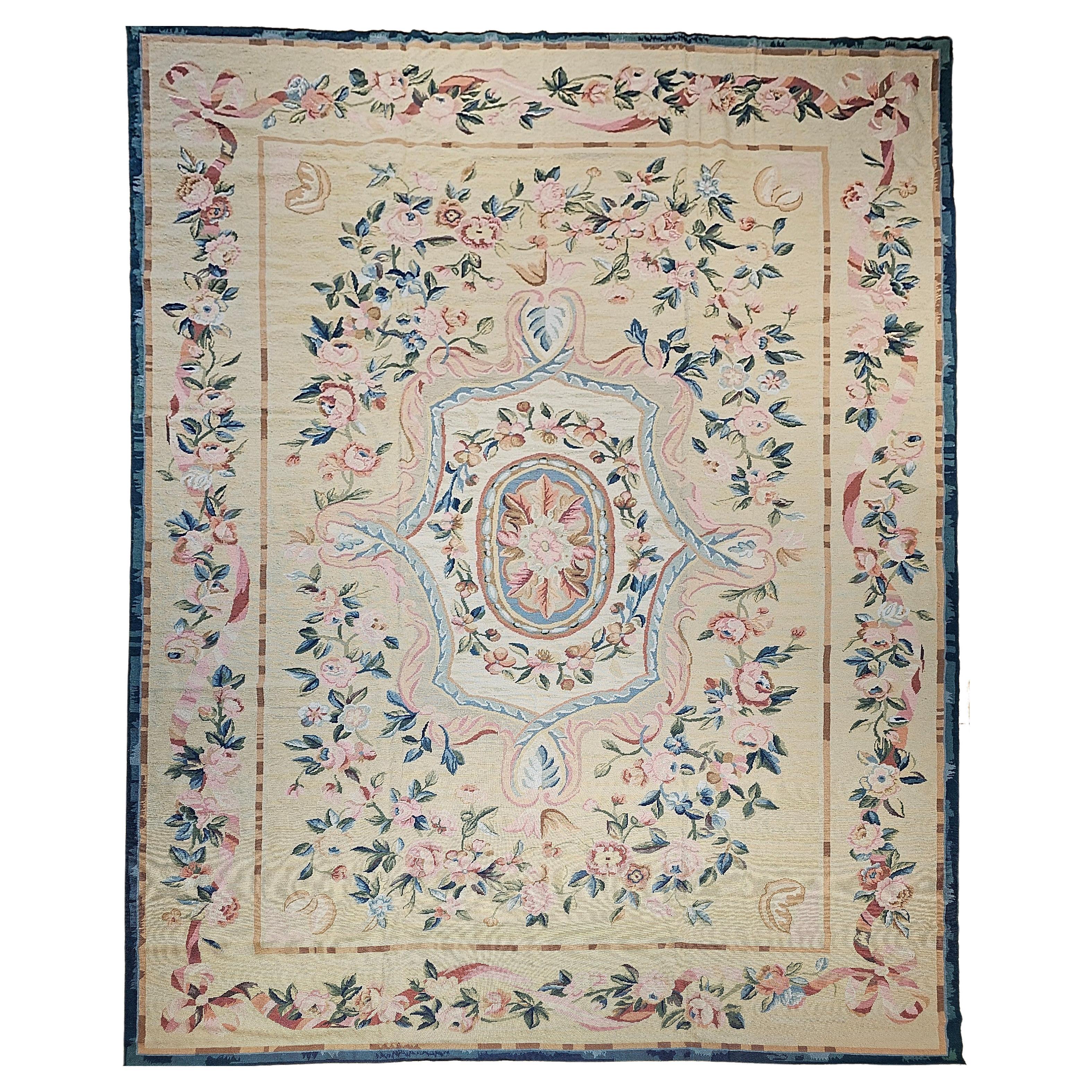 19th Century French Aubusson Needlepoint Carpet in Floral Pattern in Ivory, Blue For Sale