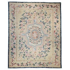 Antique 19th Century French Aubusson Needlepoint Carpet in Floral Pattern in Ivory, Blue