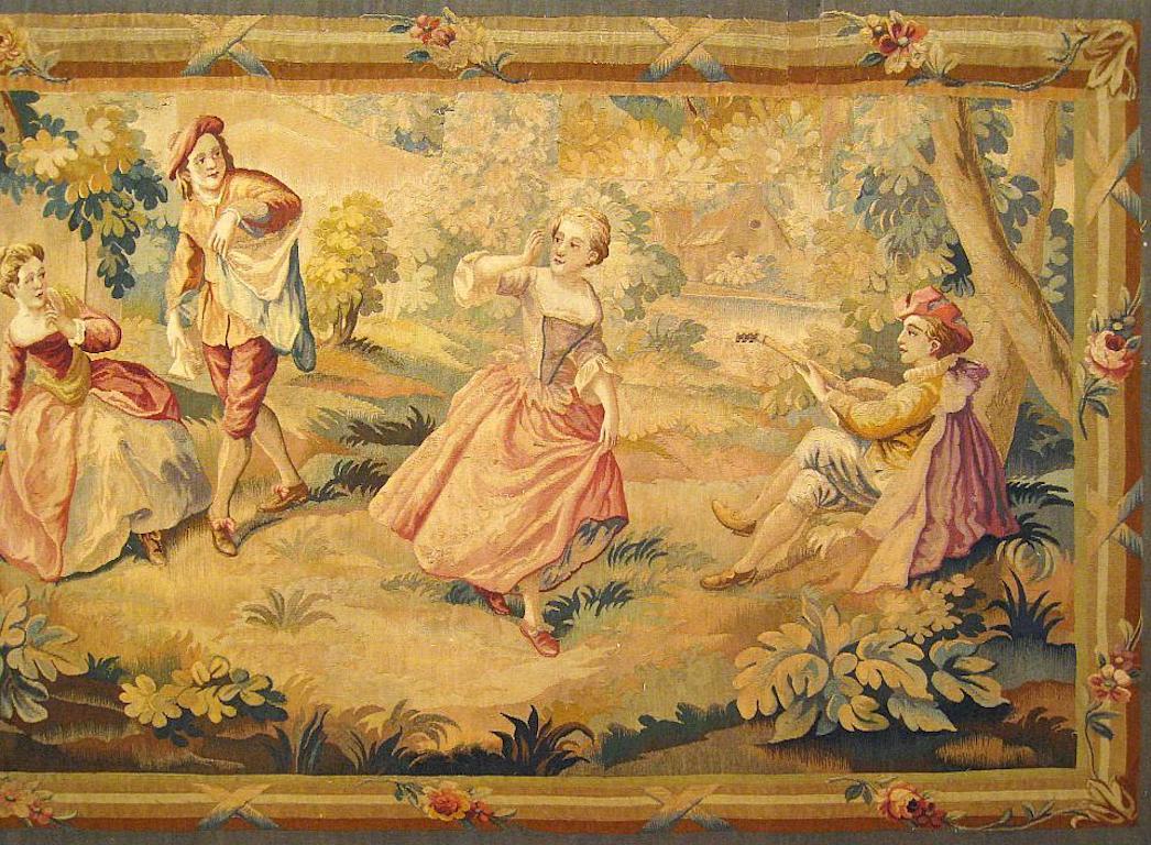 Wool 19th Century French Aubusson Romantic Rustic Tapestry For Sale