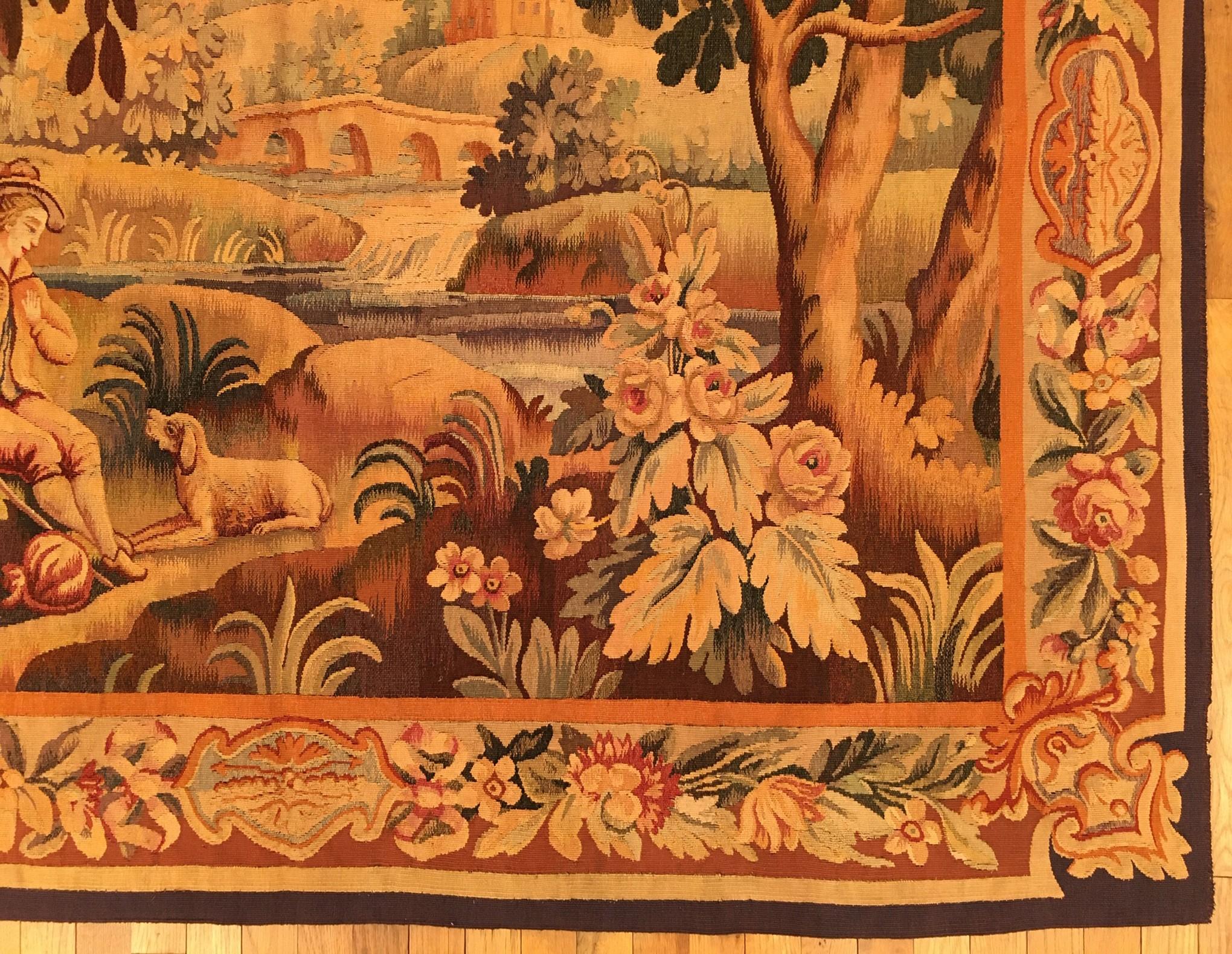 19th Century French Aubusson Rustic Pastoral Tapestry In Good Condition For Sale In New York, NY