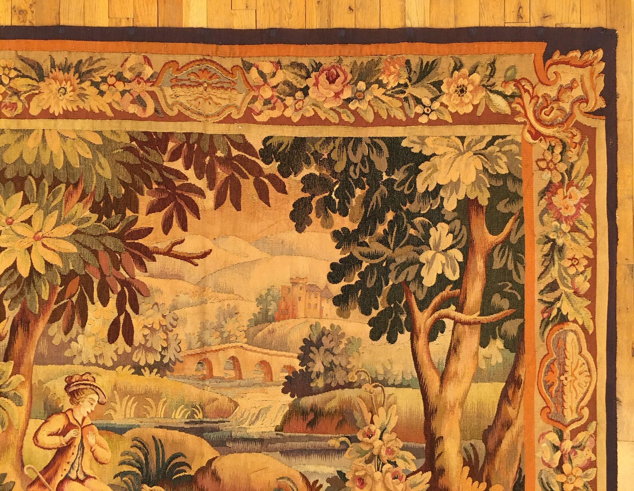 Wool 19th Century French Aubusson Rustic Pastoral Tapestry For Sale
