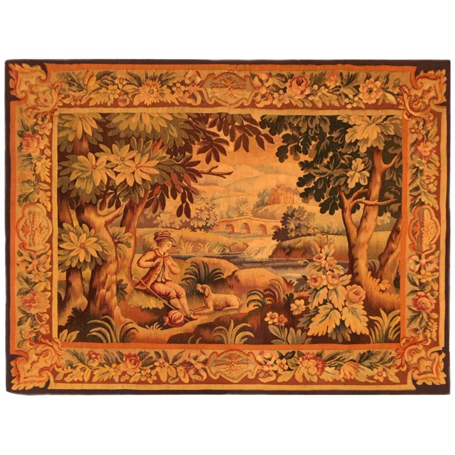19th Century French Aubusson Rustic Pastoral Tapestry