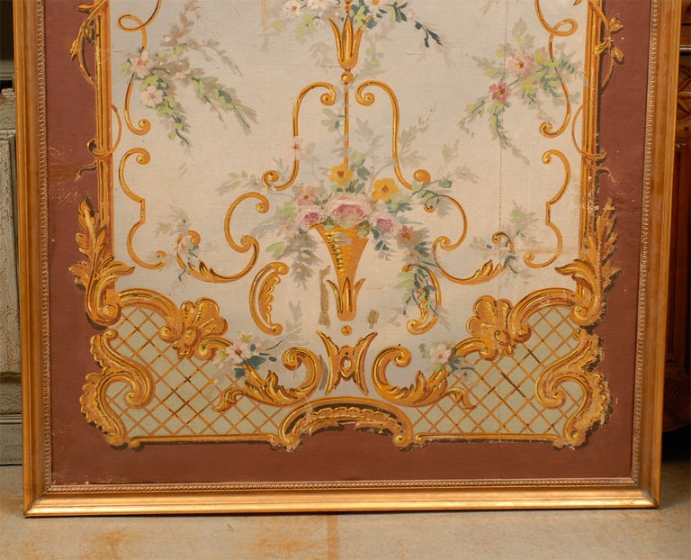 19th century French Aubusson style floral painted panel, one of a kind.