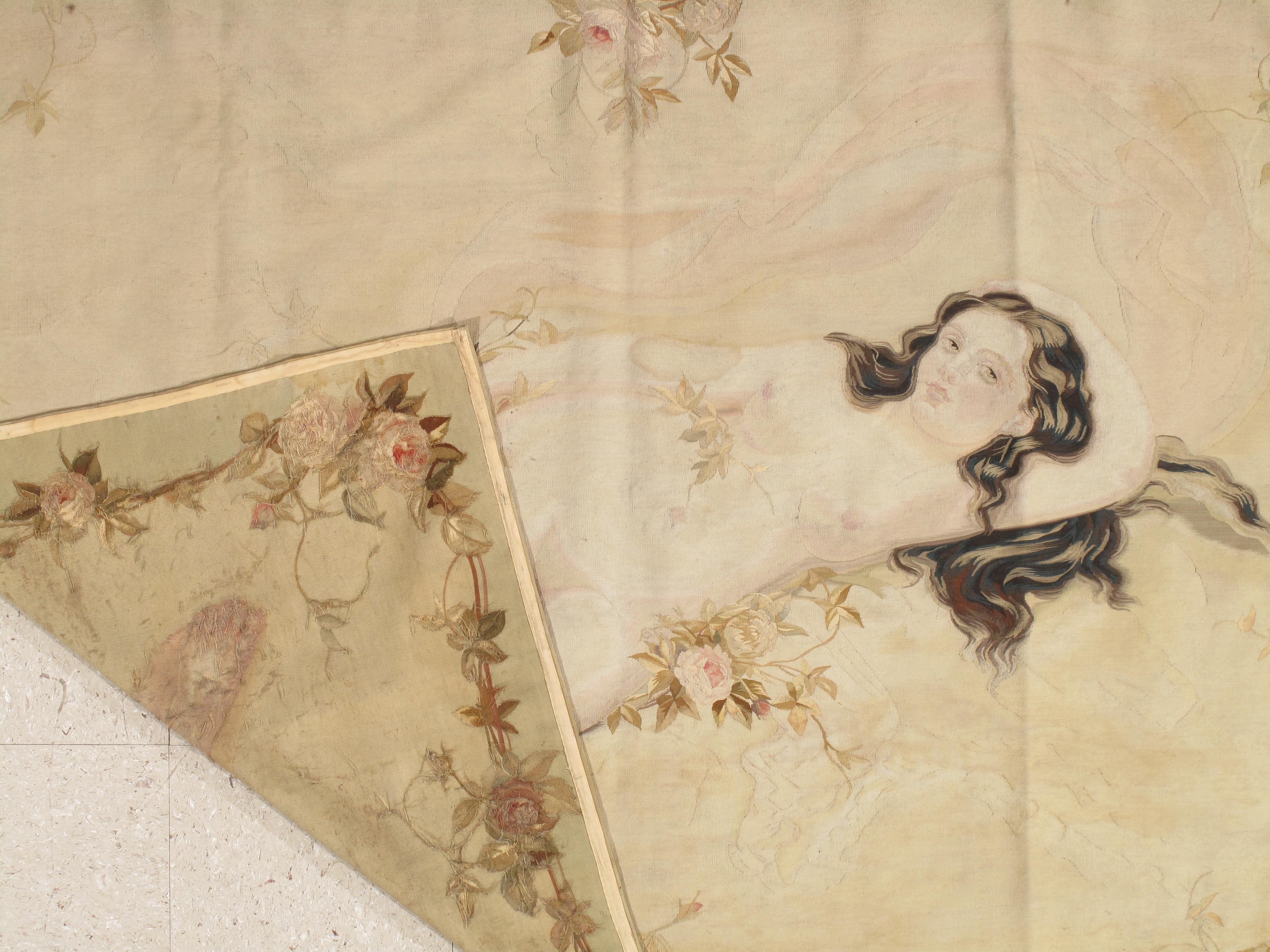 19th Century French Aubusson Tapestry, Finely Woven, Nude Woman, Soft Colors For Sale 4