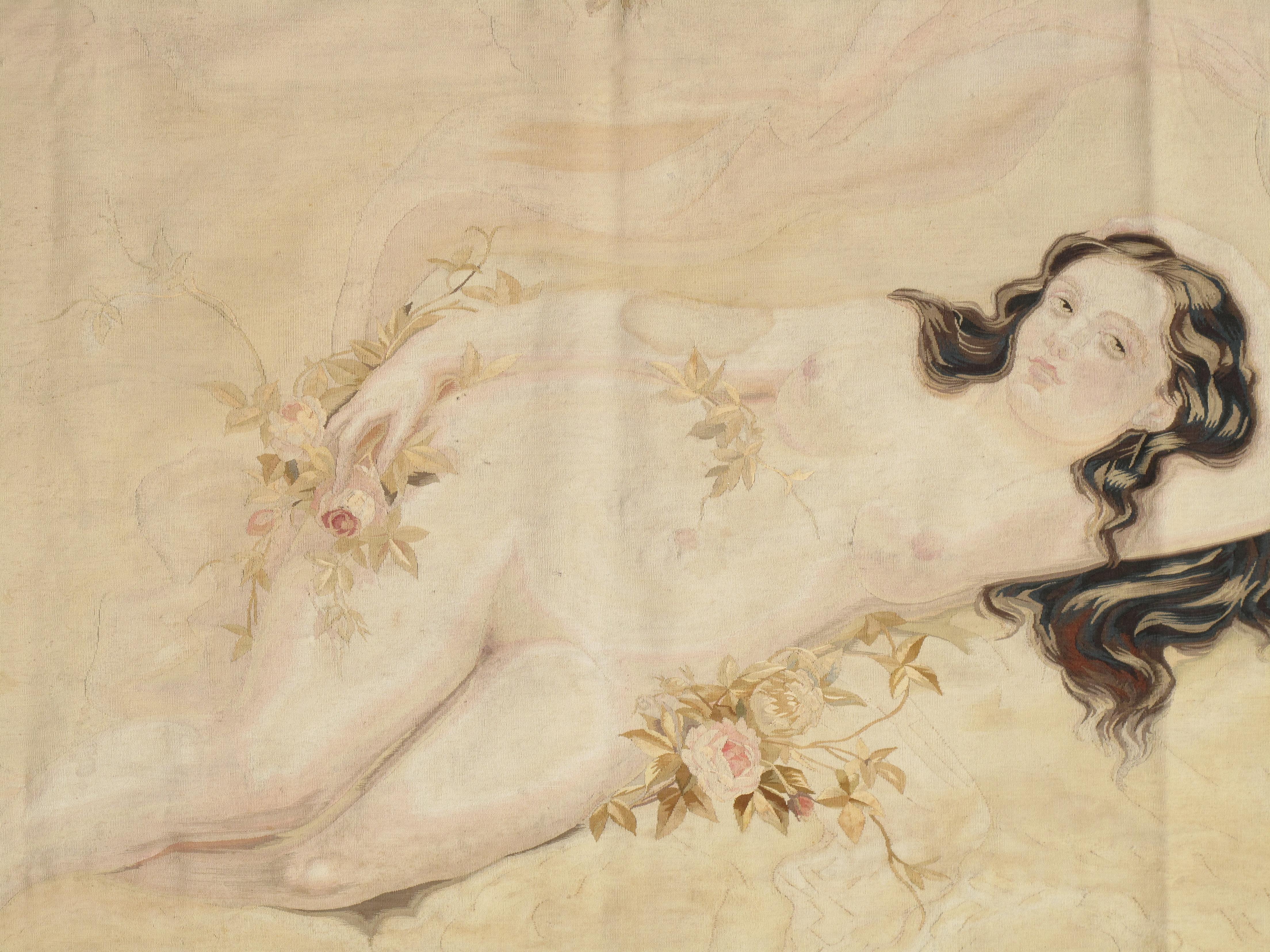 19th Century French Aubusson Tapestry, Finely Woven, Nude Woman, Soft Colors For Sale 5