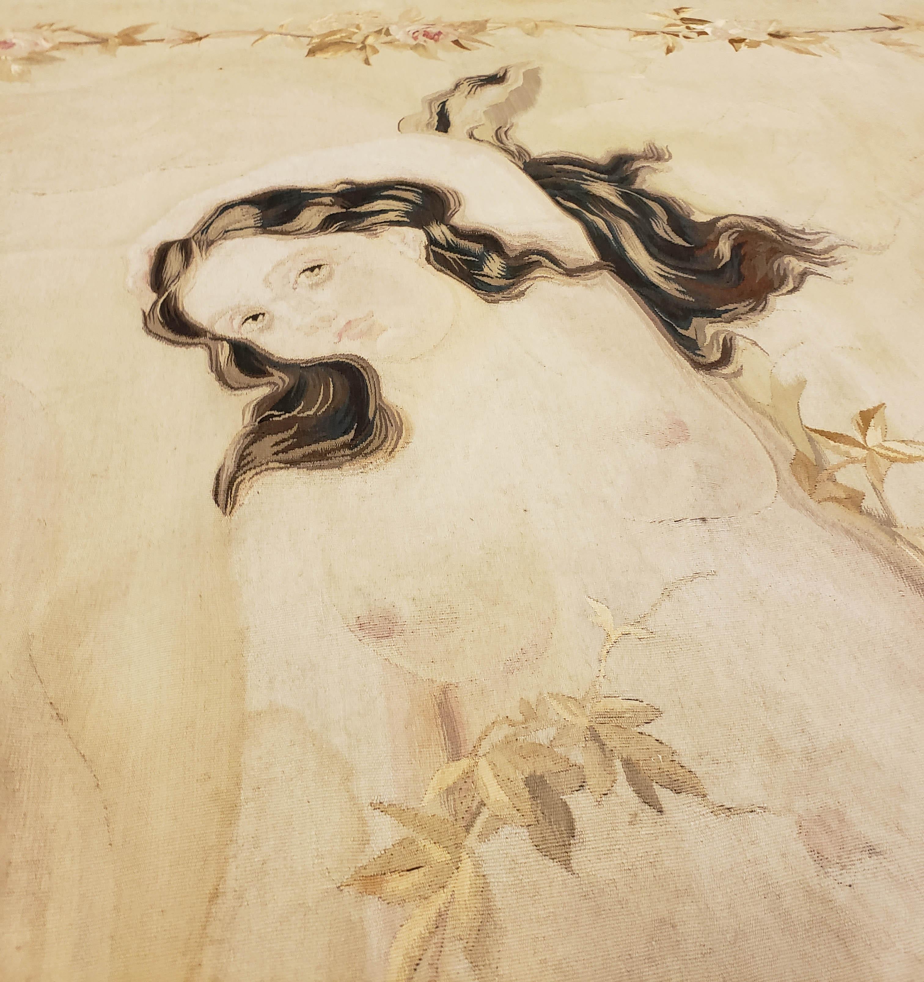 Français tapisserie d'Aubusson française du 19ème siècle:: finement tissée:: Femme nue:: couleurs douces en vente