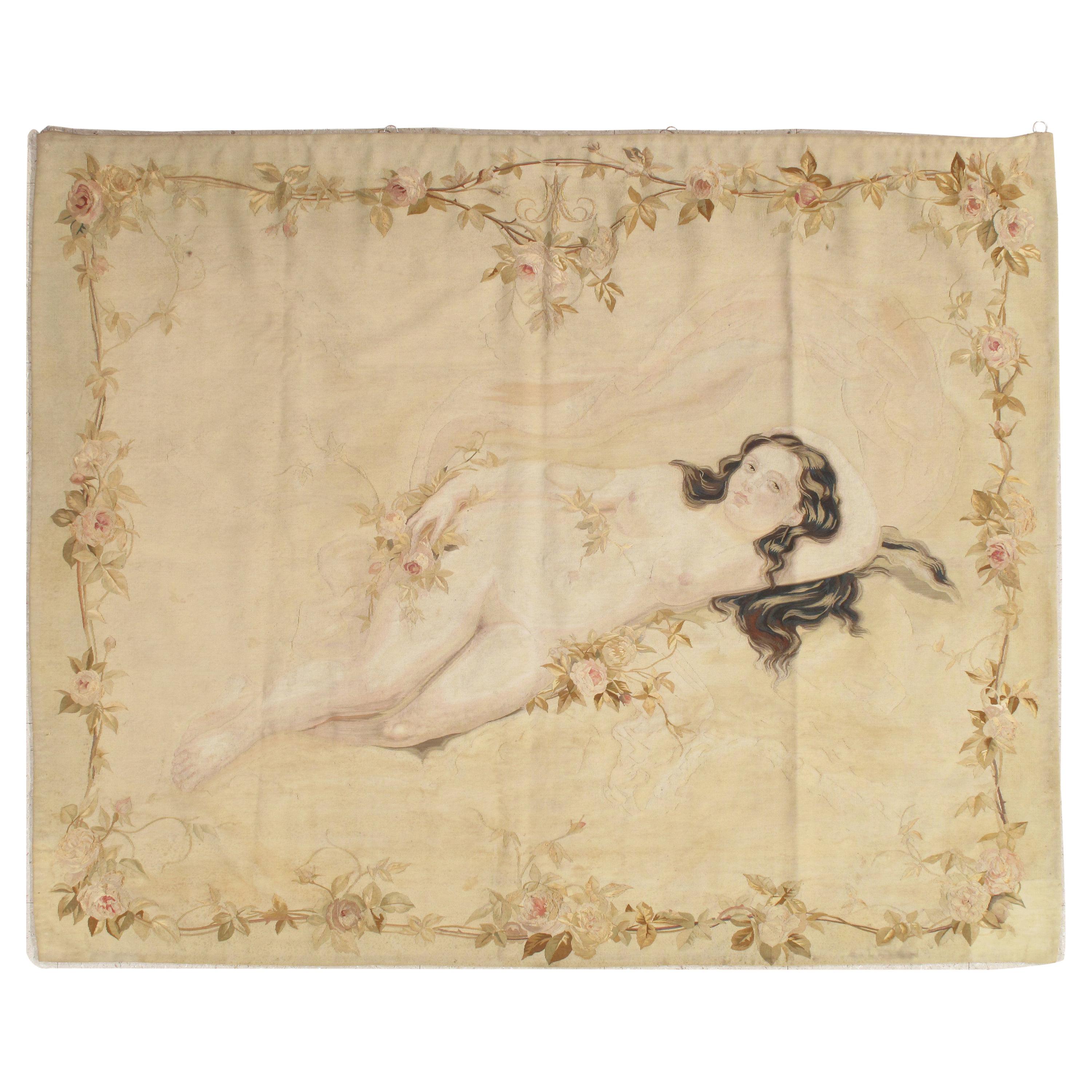 19th Century French Aubusson Tapestry, Finely Woven, Nude Woman, Soft Colors For Sale