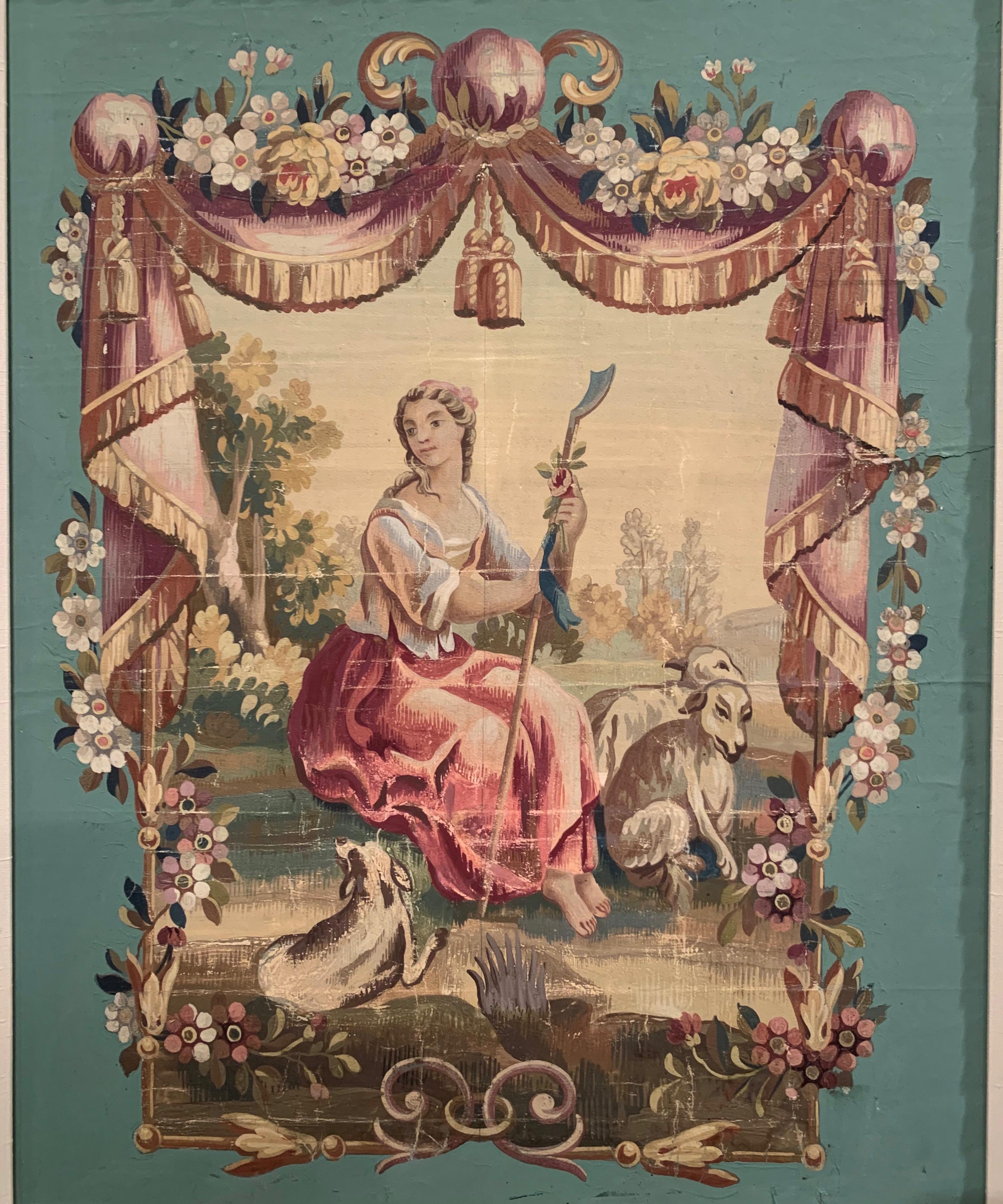 Decorate a bedroom wall with this colorful, antique Aubusson drawing cartoon. Created in the city of Aubusson, France circa 1820 and set in a carved gilt frame, the simple and elegant gouache on paper is hand painted; it depicts a seated young