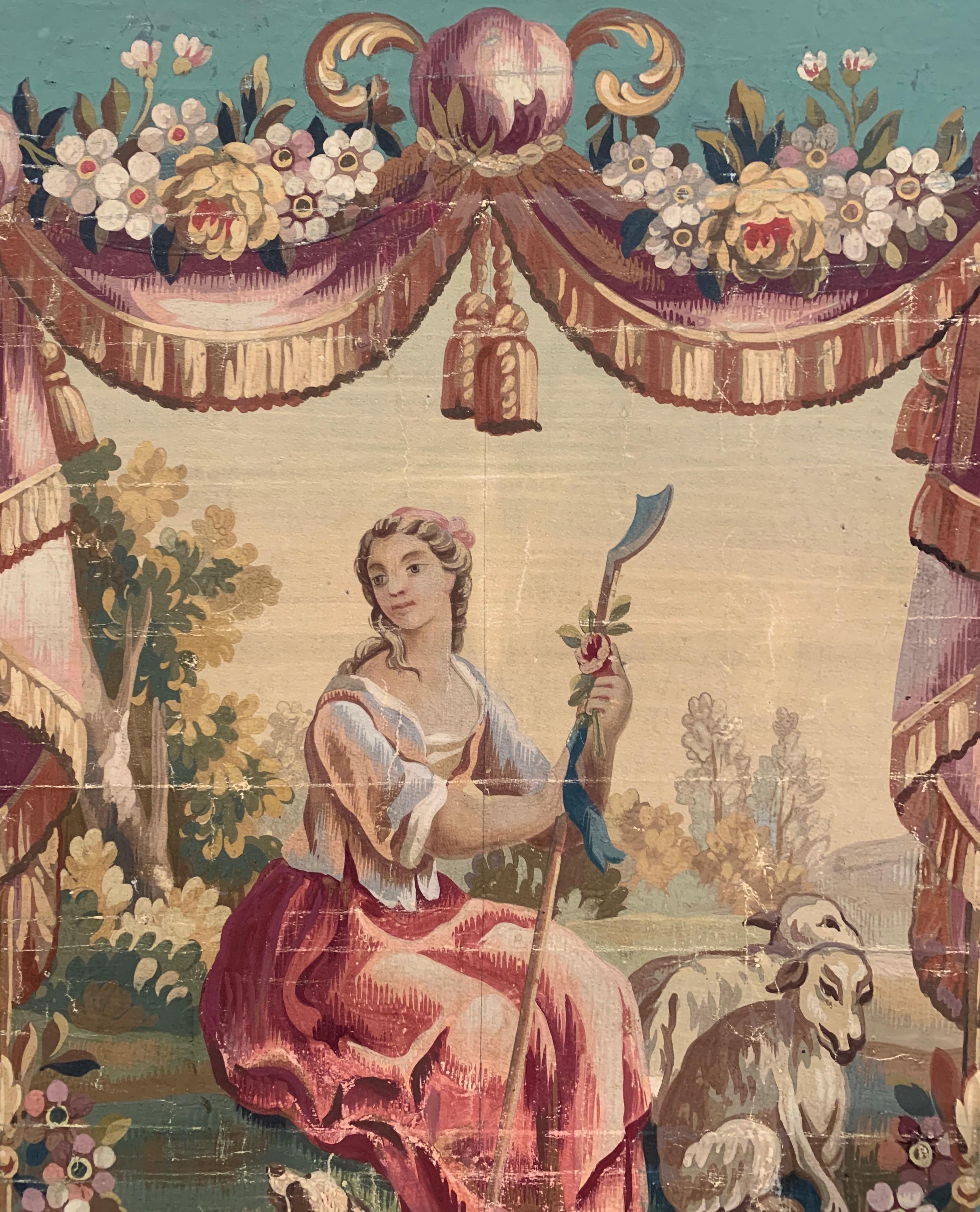 Louis XVI 19th Century French Aubusson Tapestry Gouache on Paper in Carved Gilt Frame For Sale