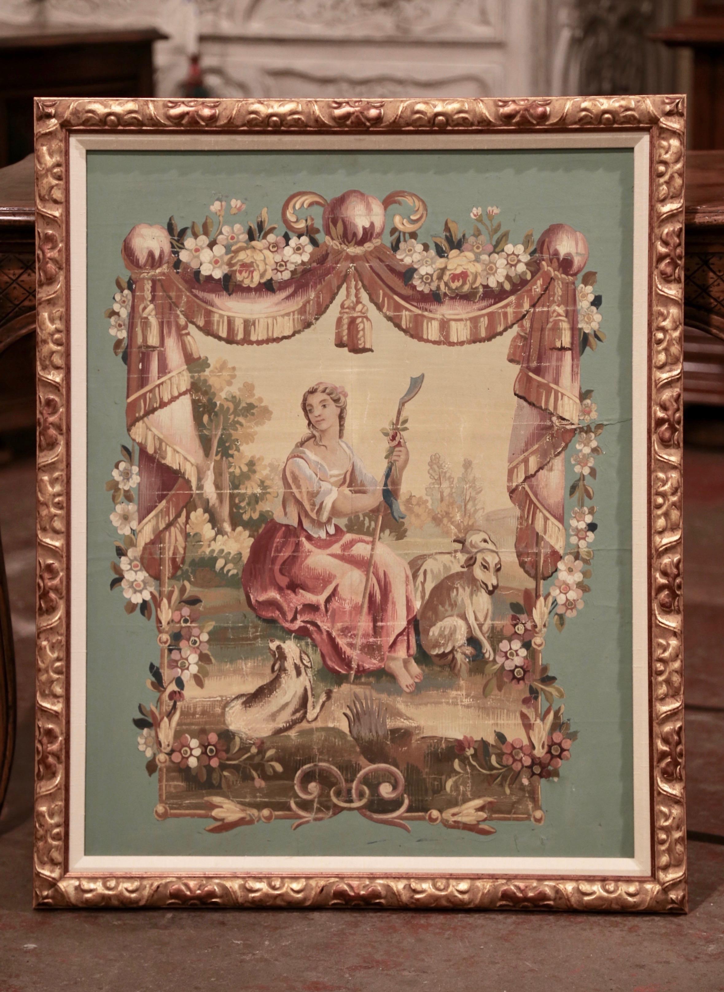 19th Century French Aubusson Tapestry Gouache on Paper in Carved Gilt Frame In Excellent Condition For Sale In Dallas, TX