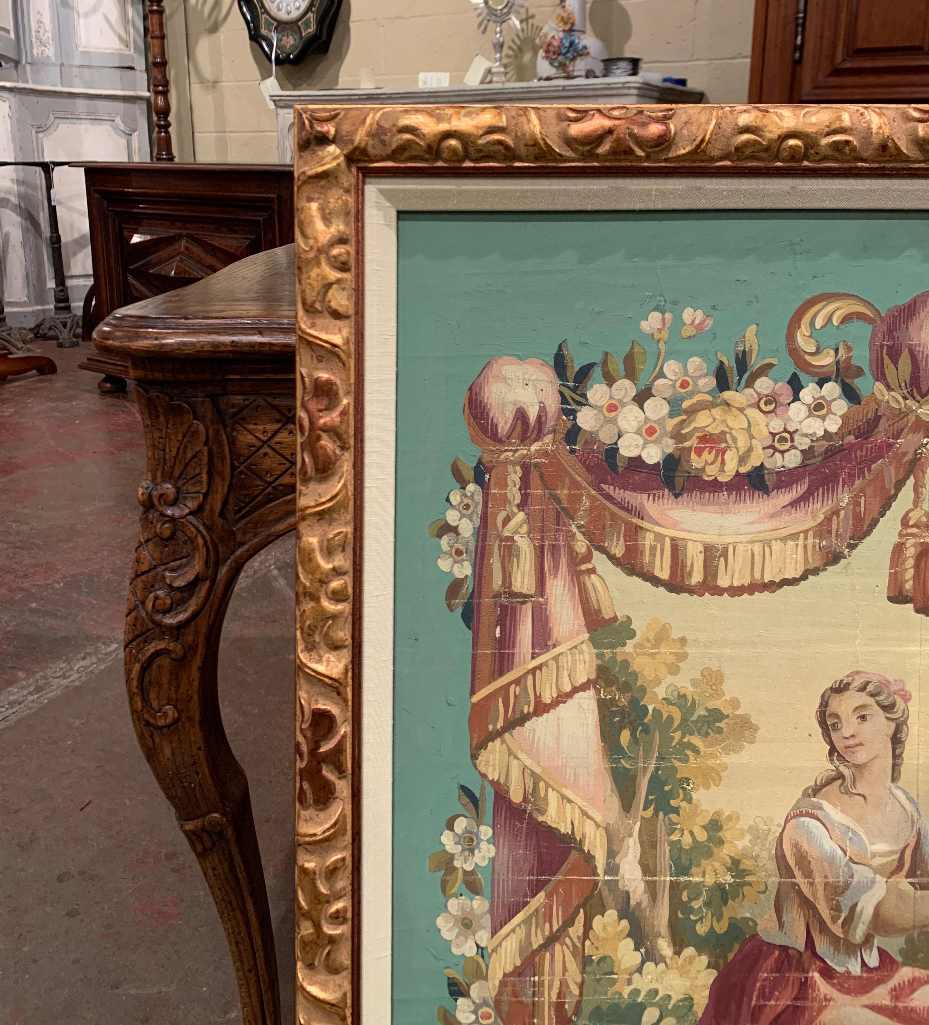 Giltwood 19th Century French Aubusson Tapestry Gouache on Paper in Carved Gilt Frame For Sale