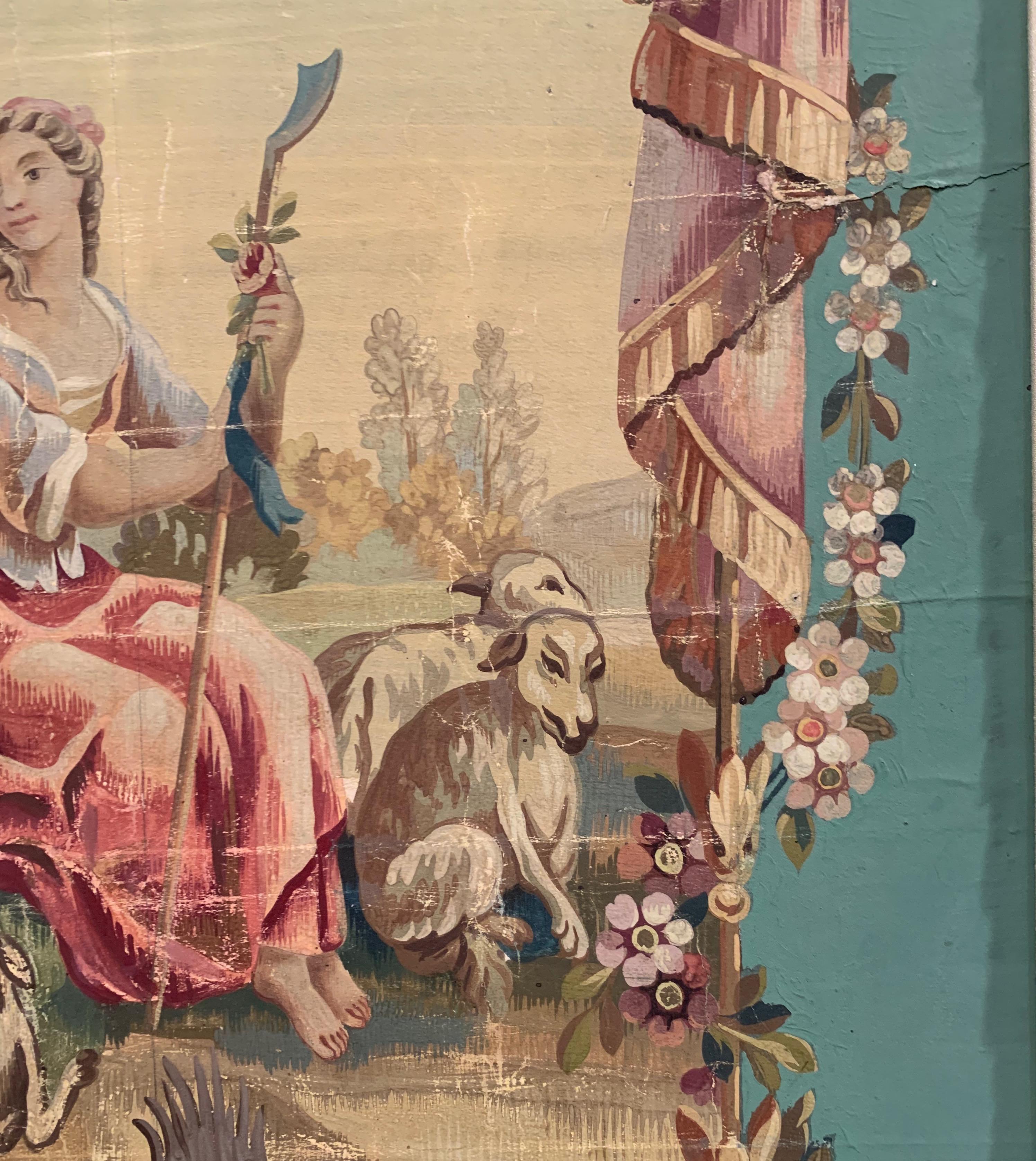 19. Jahrhundert Französisch Aubusson Tapisserie Gouache auf Papier in geschnitzten vergoldeten Rahmen im Zustand „Hervorragend“ im Angebot in Dallas, TX