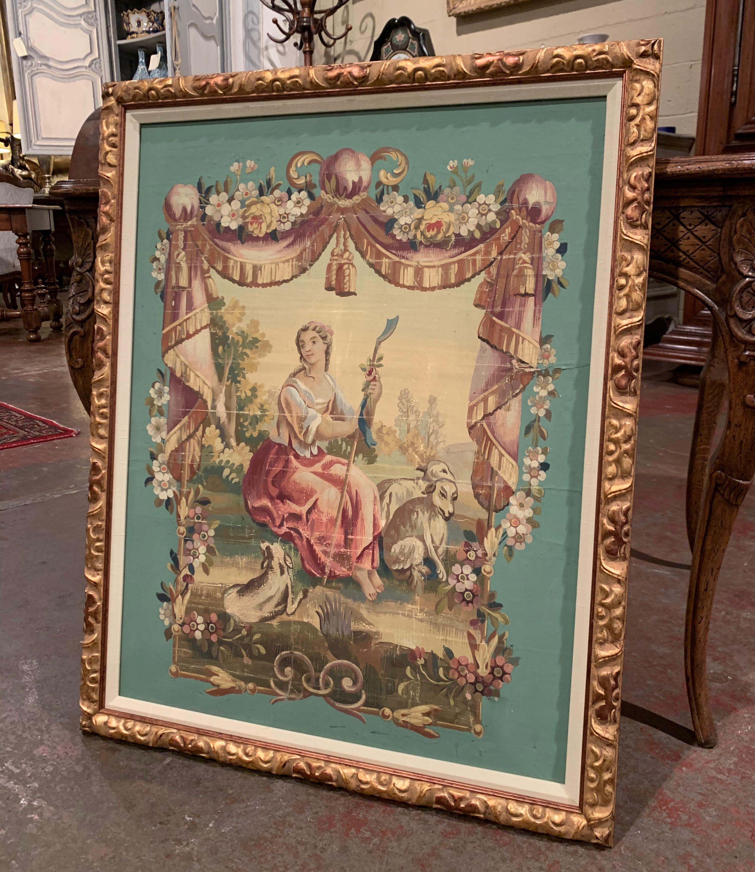 19th Century French Aubusson Tapestry Gouache on Paper in Carved Gilt Frame For Sale 2