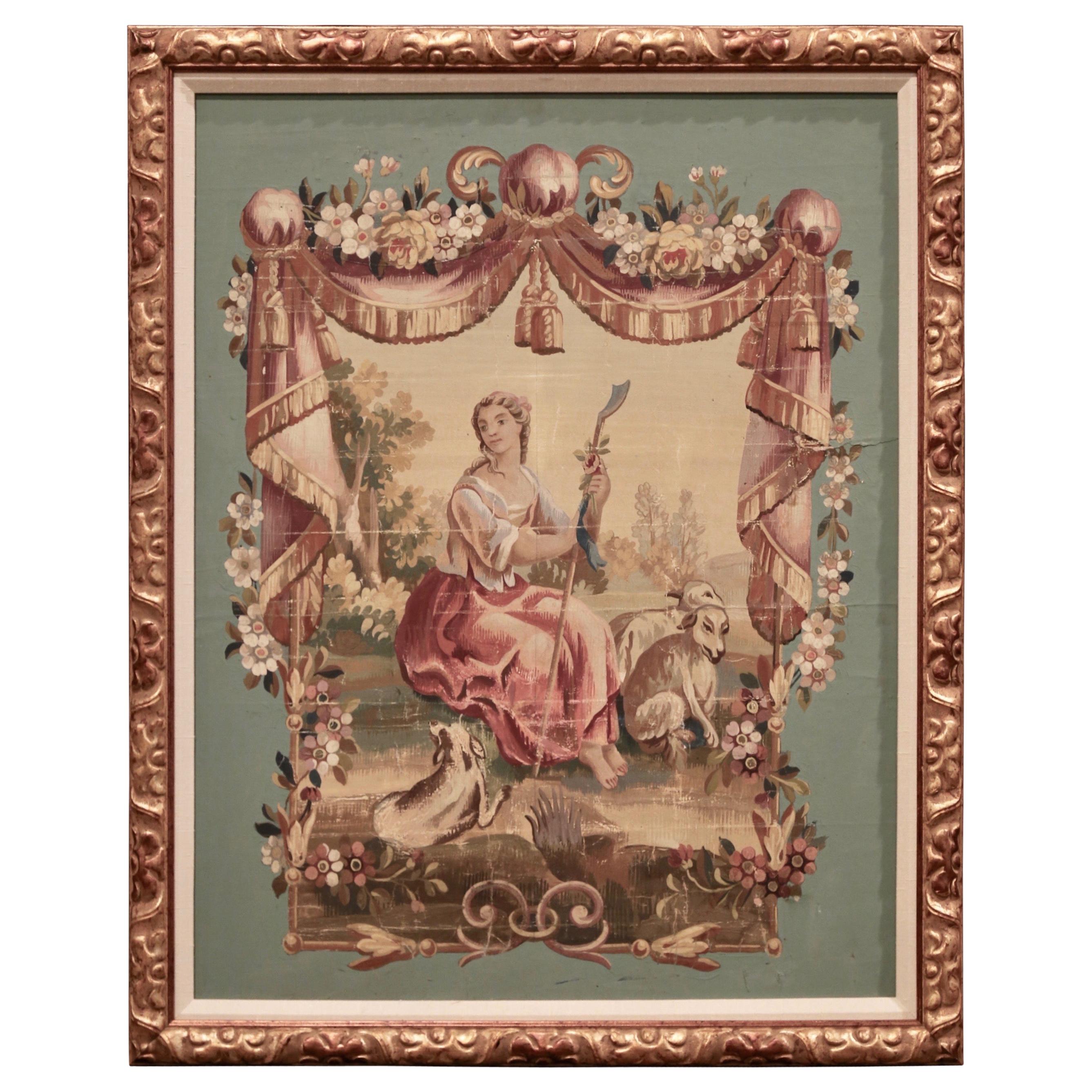 19th Century French Aubusson Tapestry Gouache on Paper in Carved Gilt Frame