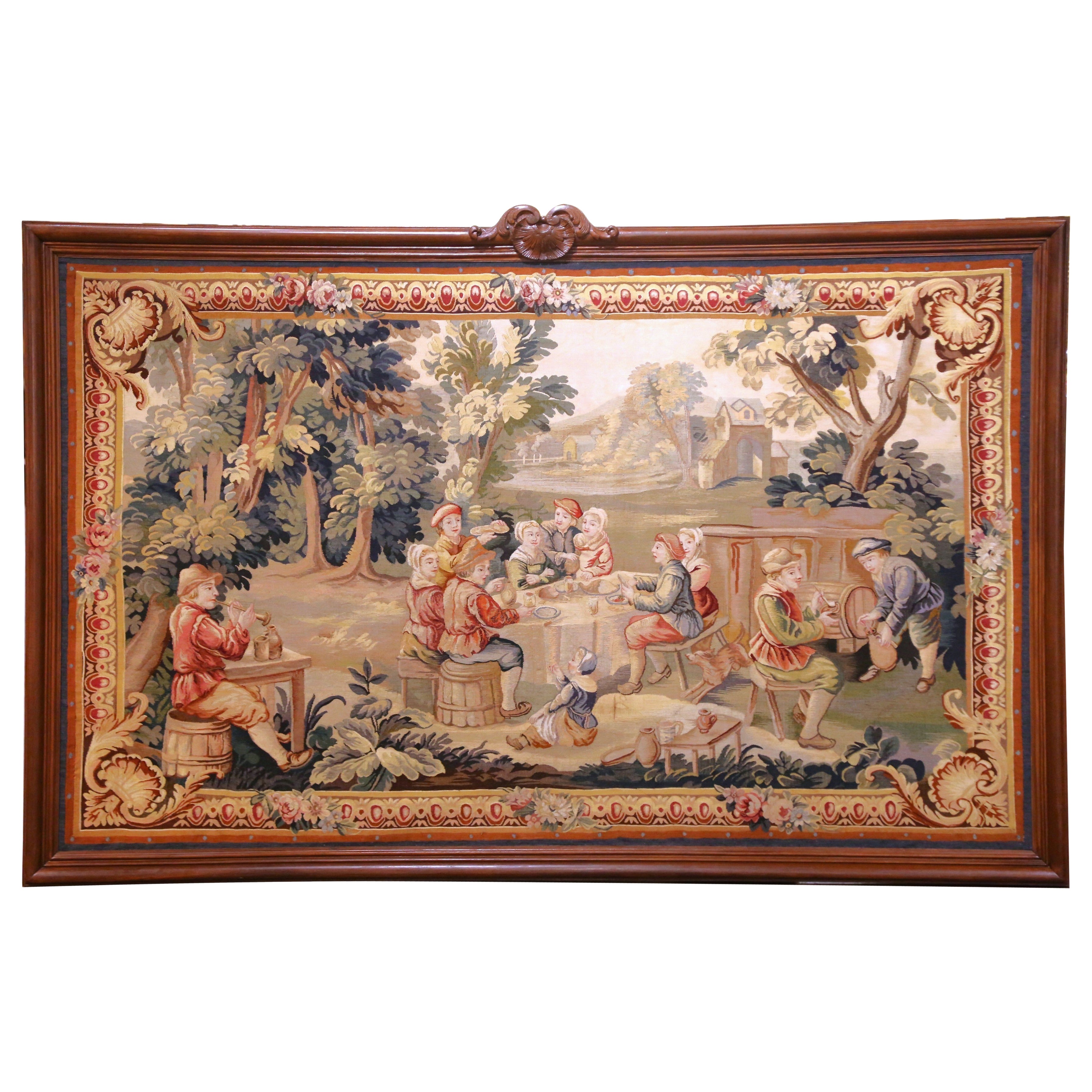 19th Century French Aubusson Tapestry in Oak Frame in the Manner of D. Teniers For Sale