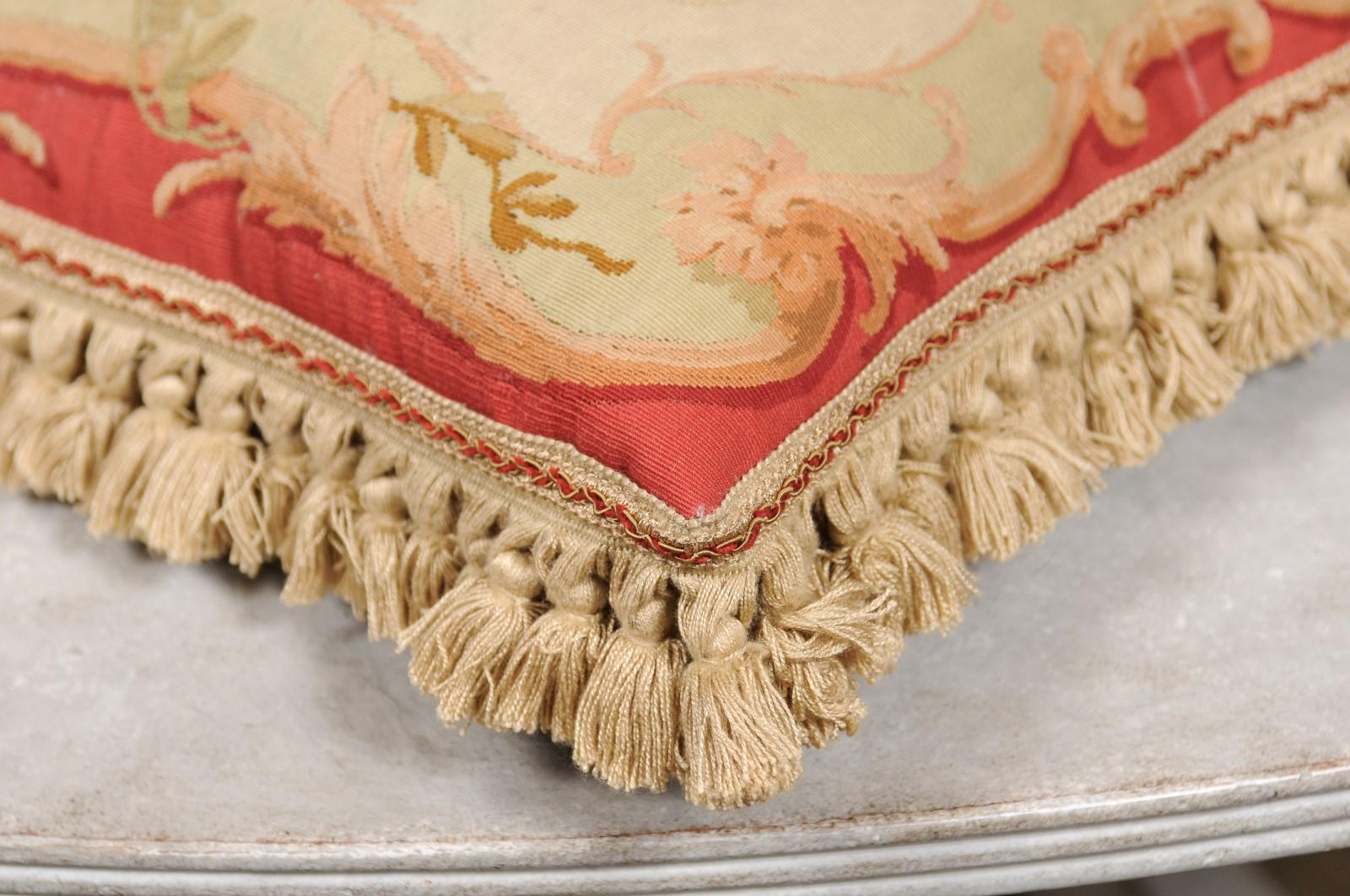 19th Century French Aubusson Tapestry Pillow with Floral Decor and Tassels 7