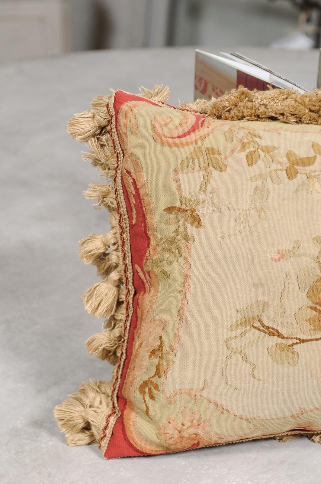 19th Century French Aubusson Tapestry Pillow with Floral Decor and Tassels In Good Condition In Atlanta, GA