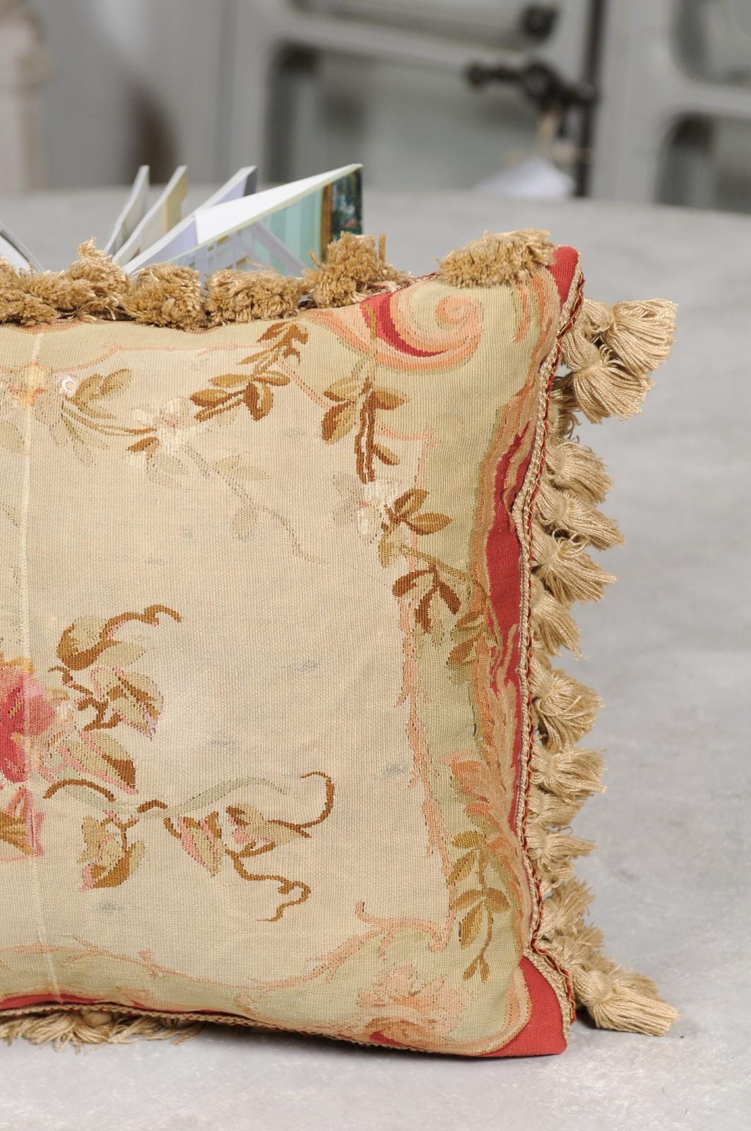 19th Century French Aubusson Tapestry Pillow with Floral Decor and Tassels 1