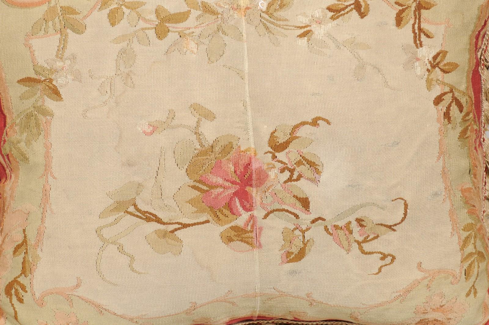 19th Century French Aubusson Tapestry Pillow with Floral Decor and Tassels 2