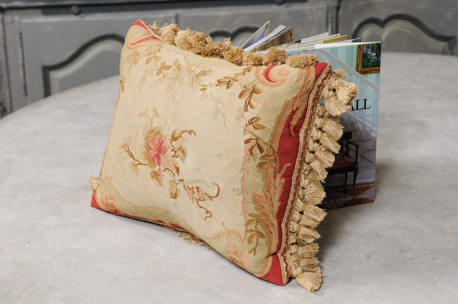 19th Century French Aubusson Tapestry Pillow with Floral Decor and Tassels 4