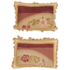 19th Century French Aubusson Tapestry Pillow with Flowers and Petite Tassels