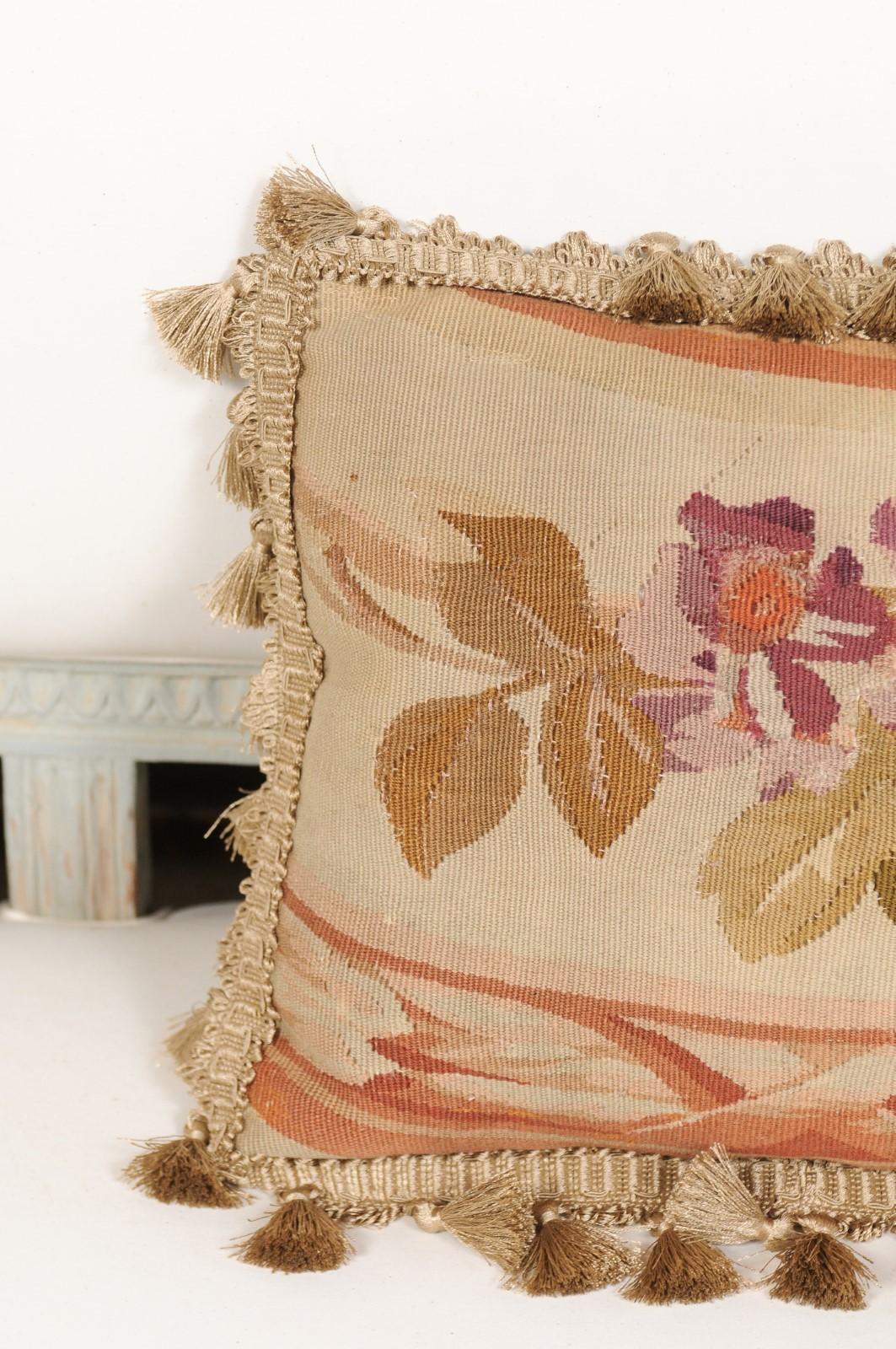 19th Century French Aubusson Tapestry Pillow with Purple Flowers and Tassels For Sale 1