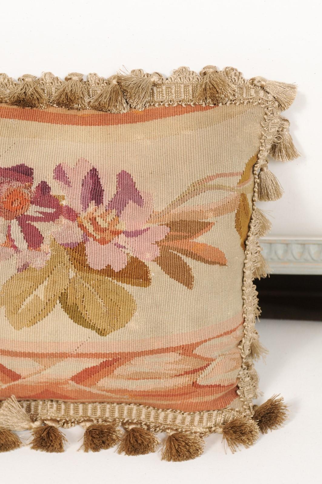 19th Century French Aubusson Tapestry Pillow with Purple Flowers and Tassels For Sale 2