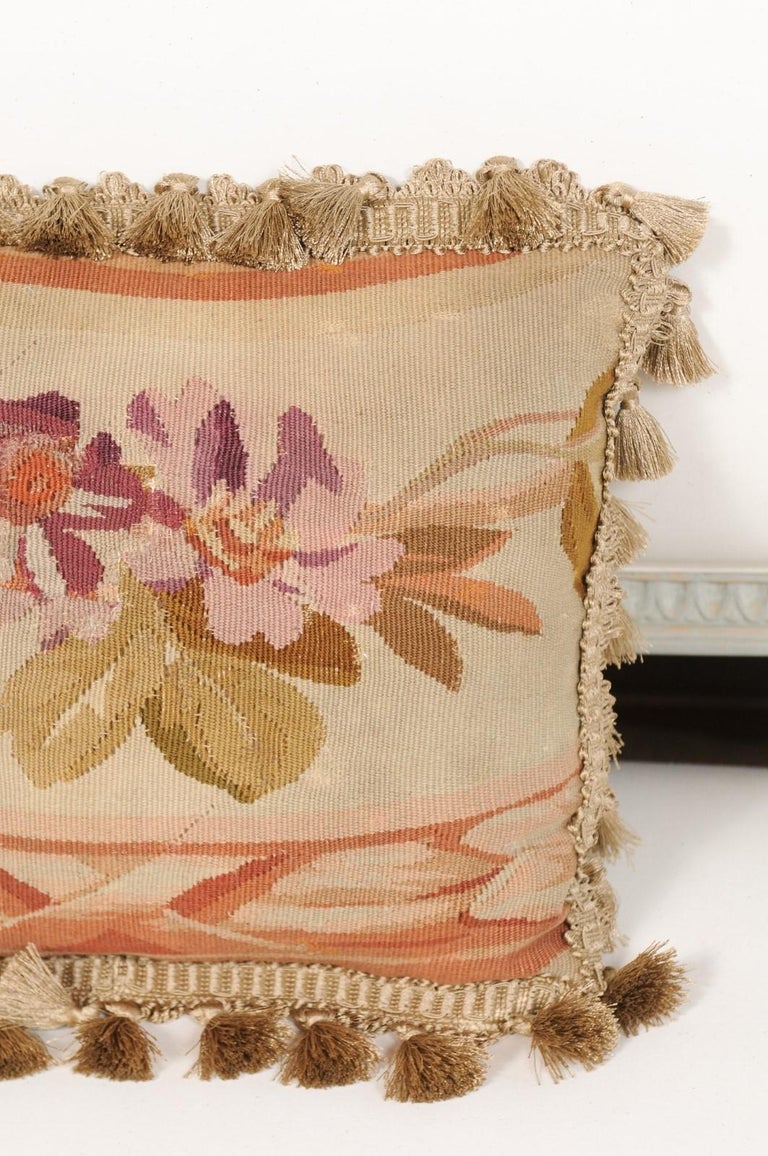 19th Century French Aubusson Tapestry Pillow with Purple Flowers and