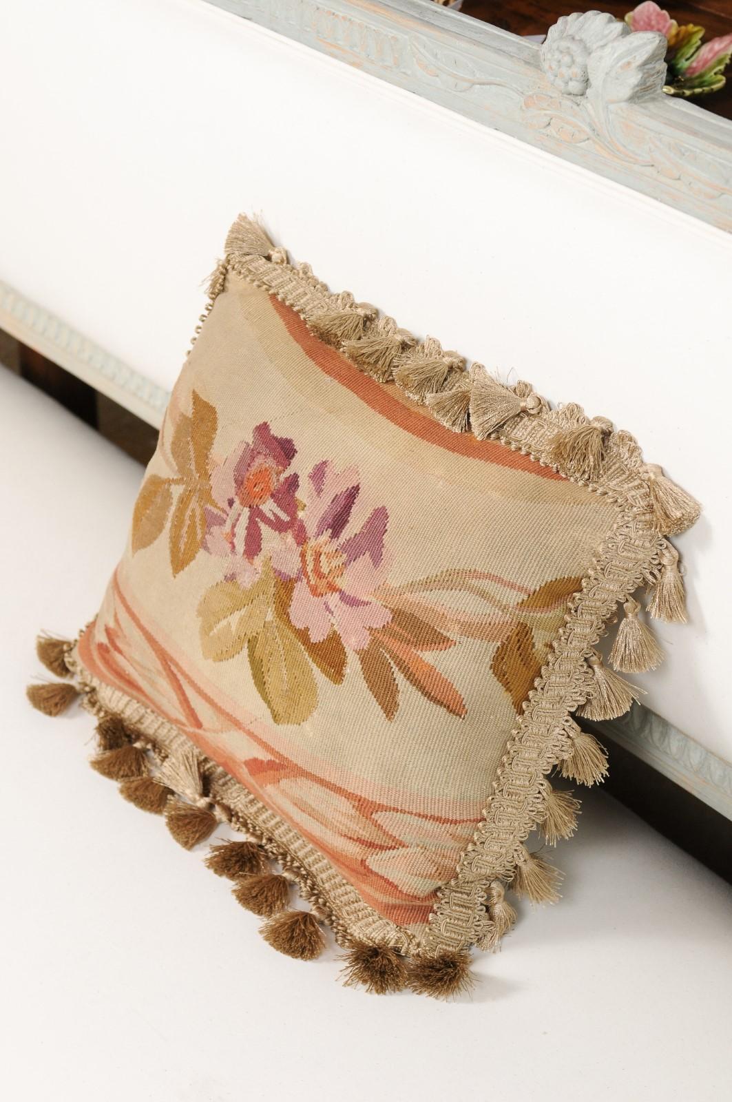 19th Century French Aubusson Tapestry Pillow with Purple Flowers and Tassels For Sale 3