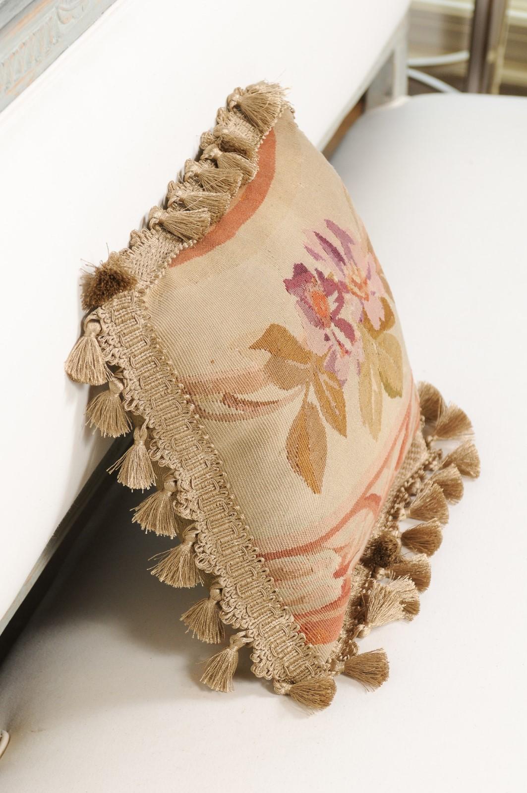 19th Century French Aubusson Tapestry Pillow with Purple Flowers and Tassels For Sale 4