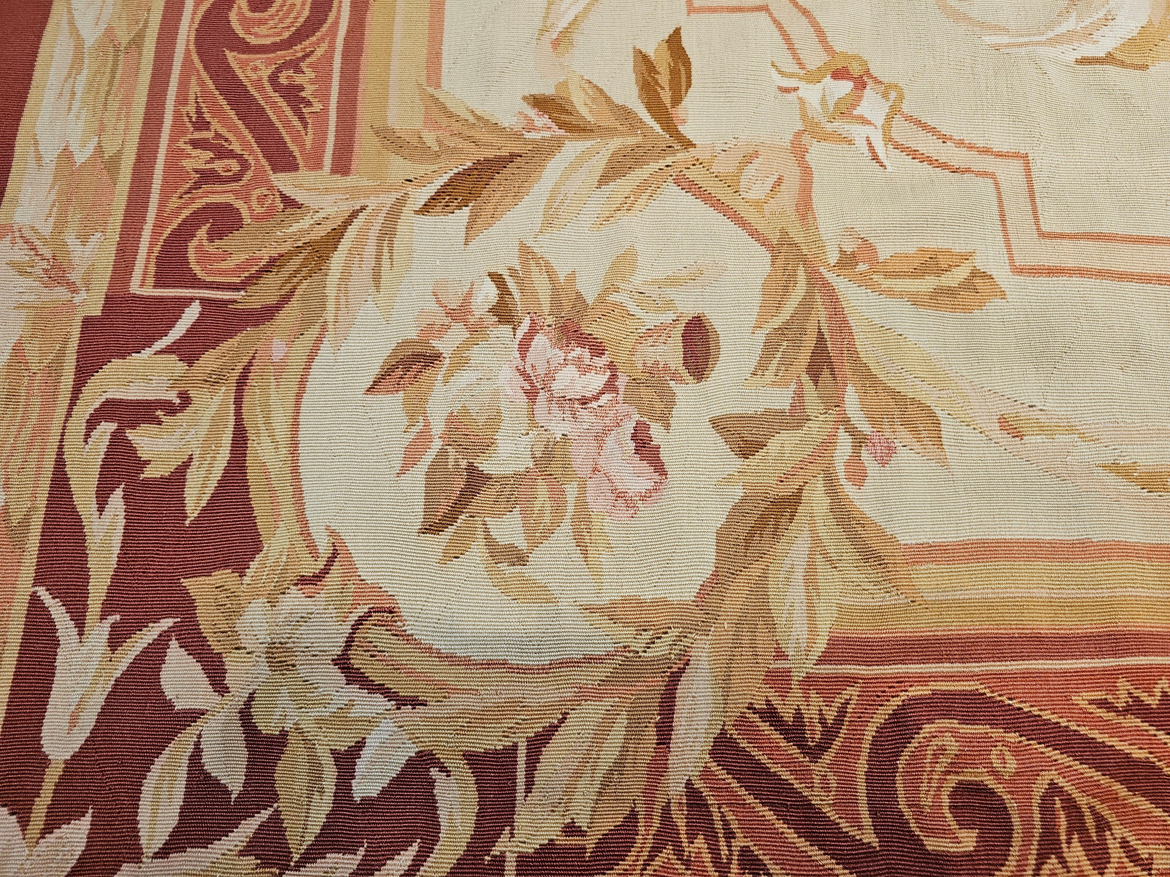 19th Century French Aubusson Tapestry Rug in Pale Green, Ivory, Pink, Brown, Tan For Sale 5