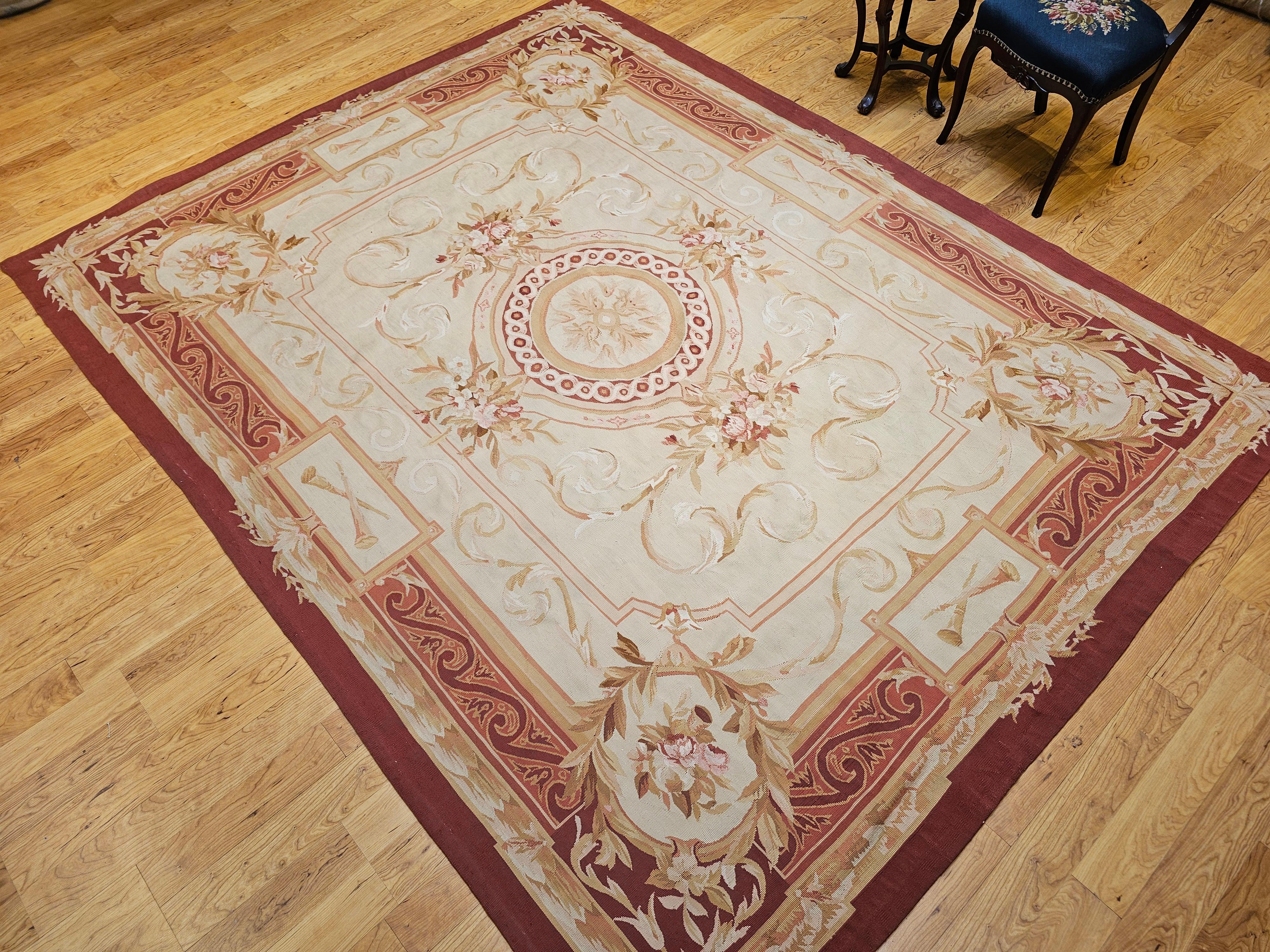 19th Century French Aubusson Tapestry Rug in Pale Green, Ivory, Pink, Brown, Tan For Sale 7