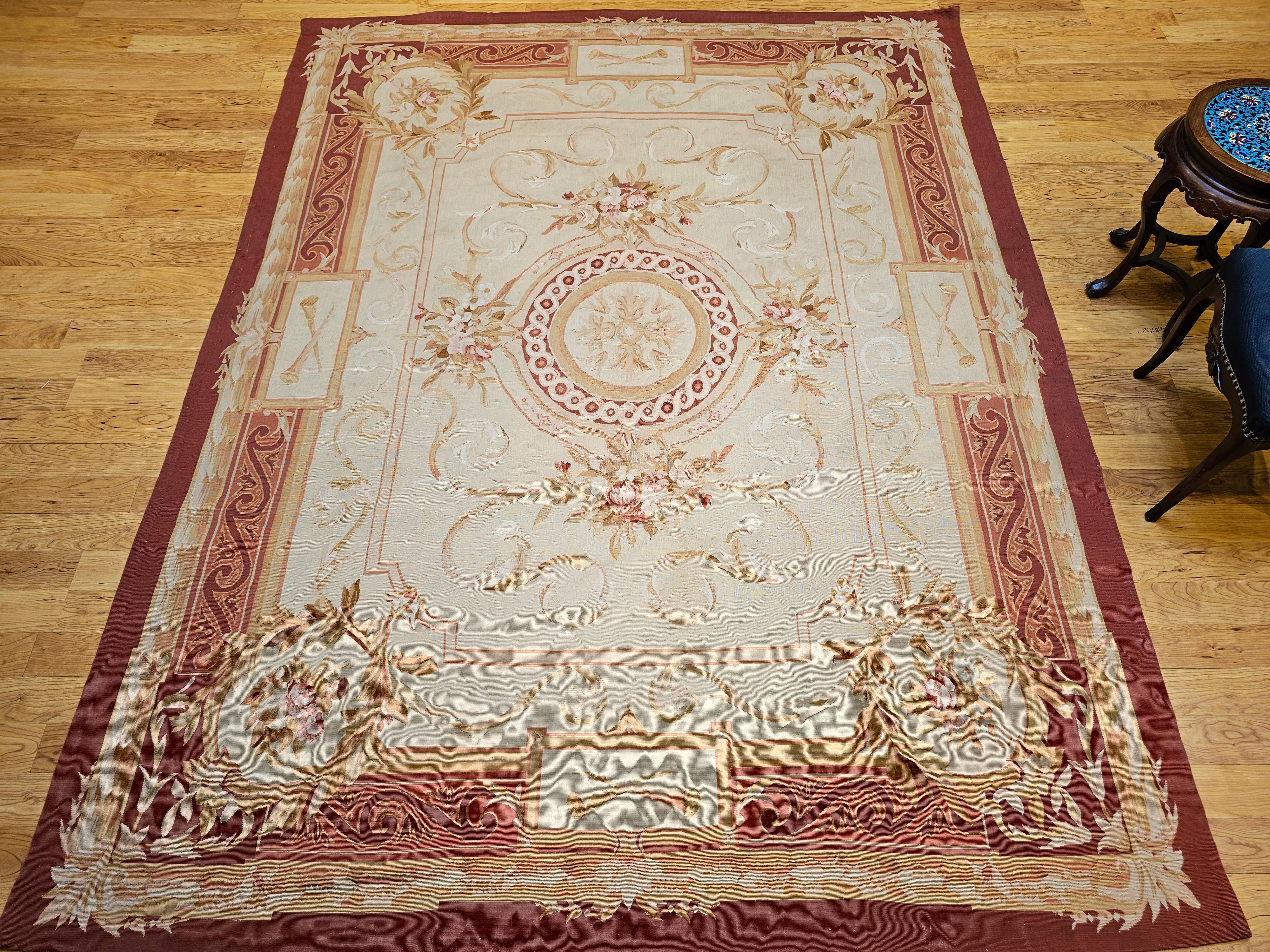 19th Century French Aubusson Tapestry Rug in Pale Green, Ivory, Pink, Brown, Tan For Sale 8