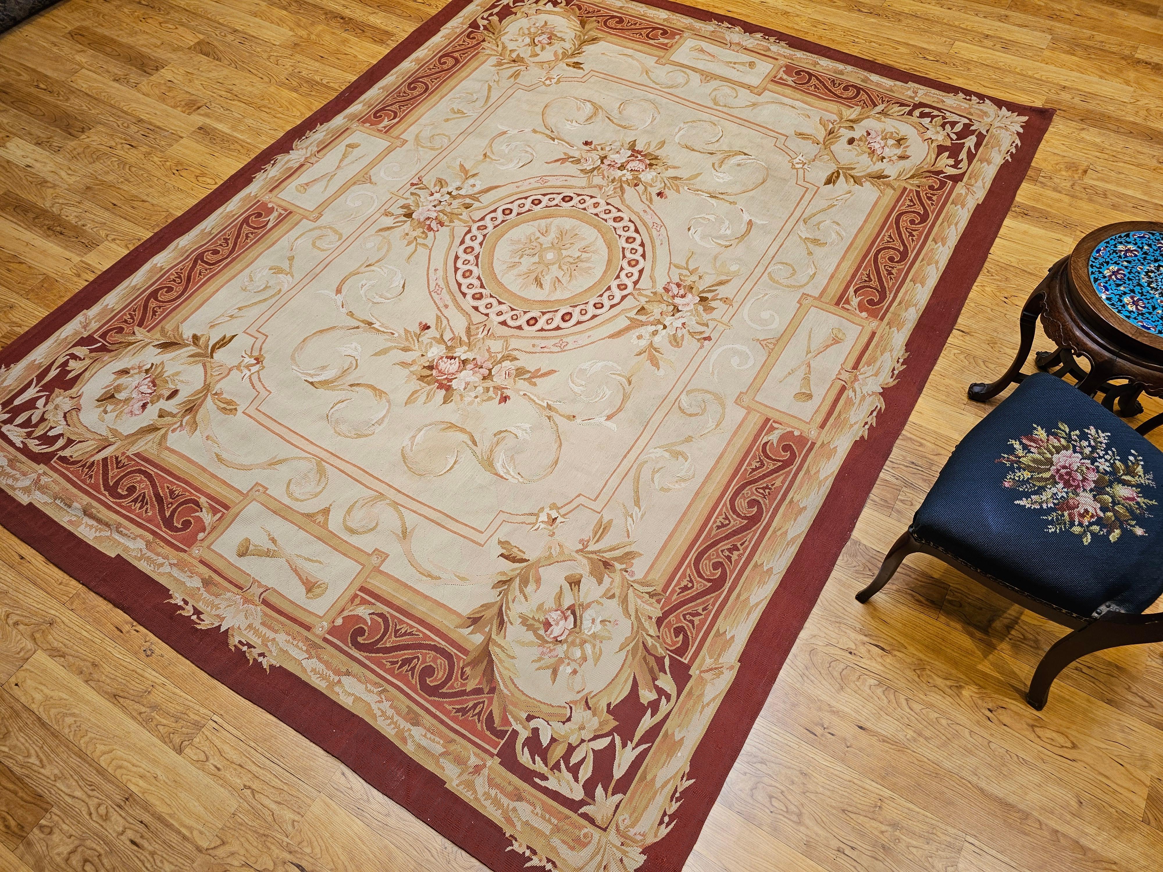 19th Century French Aubusson Tapestry Rug in Pale Green, Ivory, Pink, Brown, Tan For Sale 9