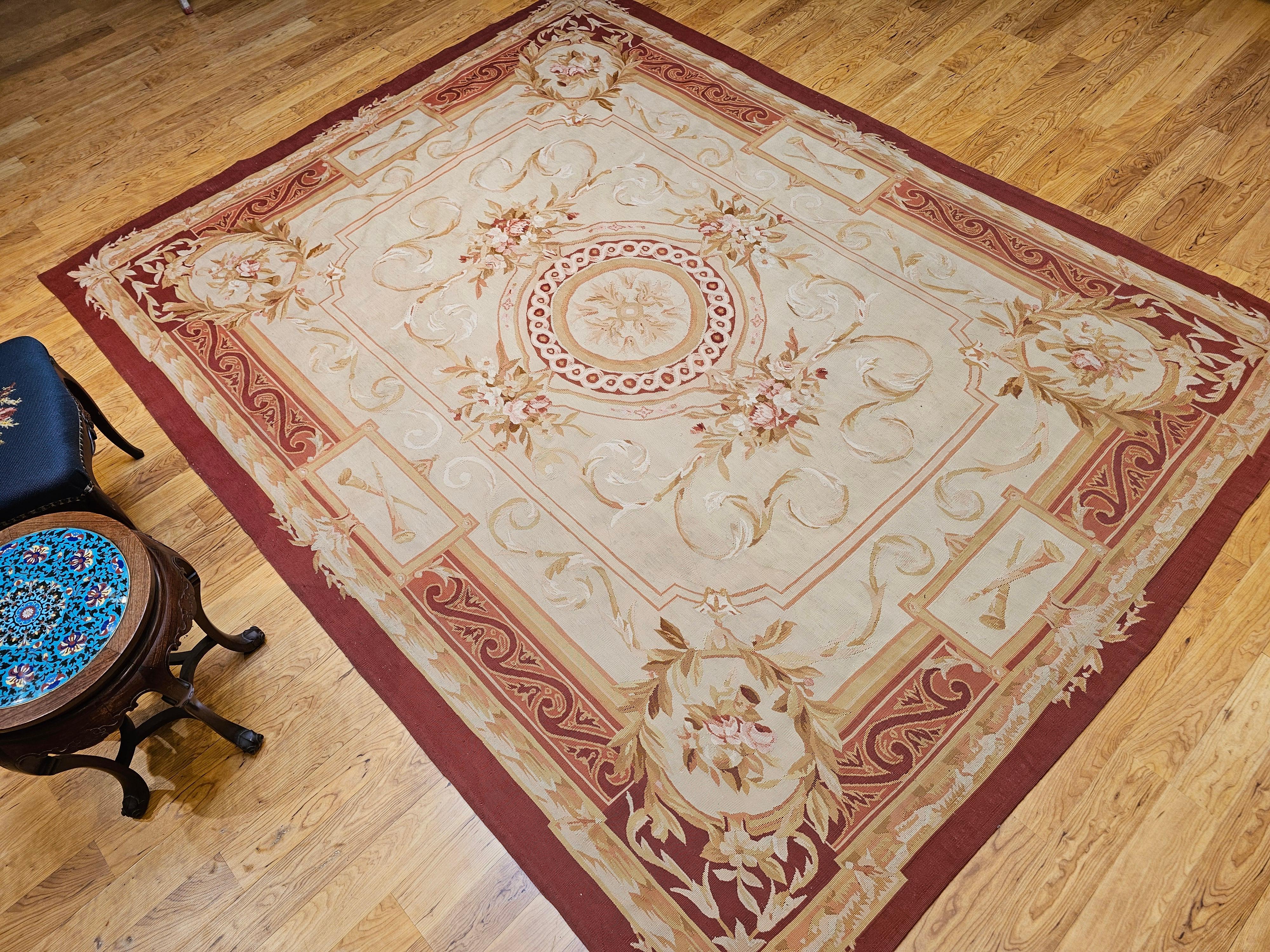 19th Century French Aubusson Tapestry Rug in Pale Green, Ivory, Pink, Brown, Tan For Sale 11