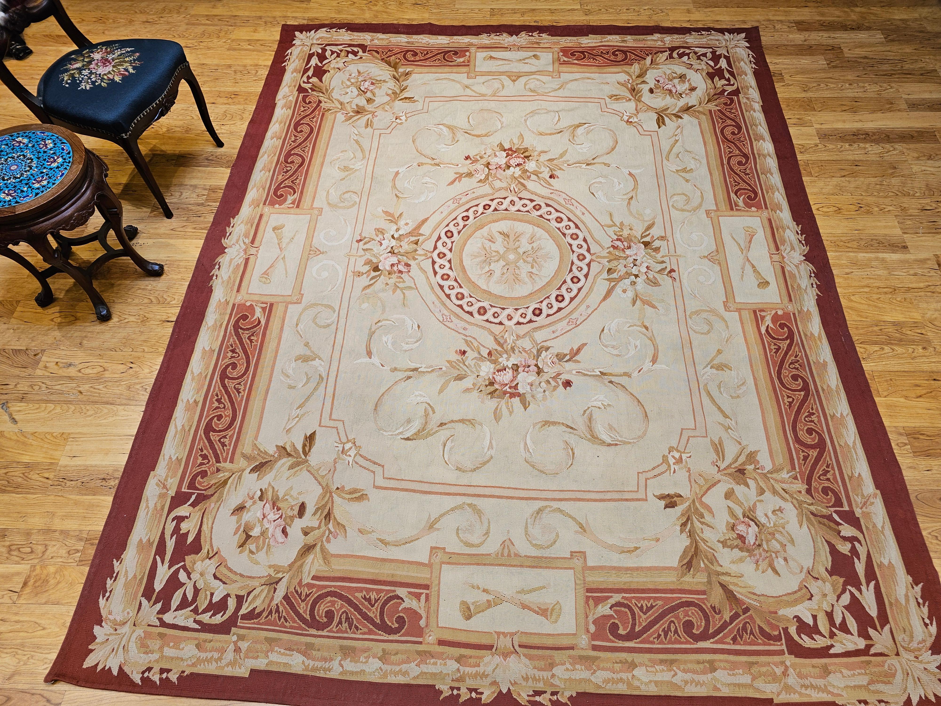 19th Century French Aubusson Tapestry Rug in Pale Green, Ivory, Pink, Brown, Tan For Sale 12