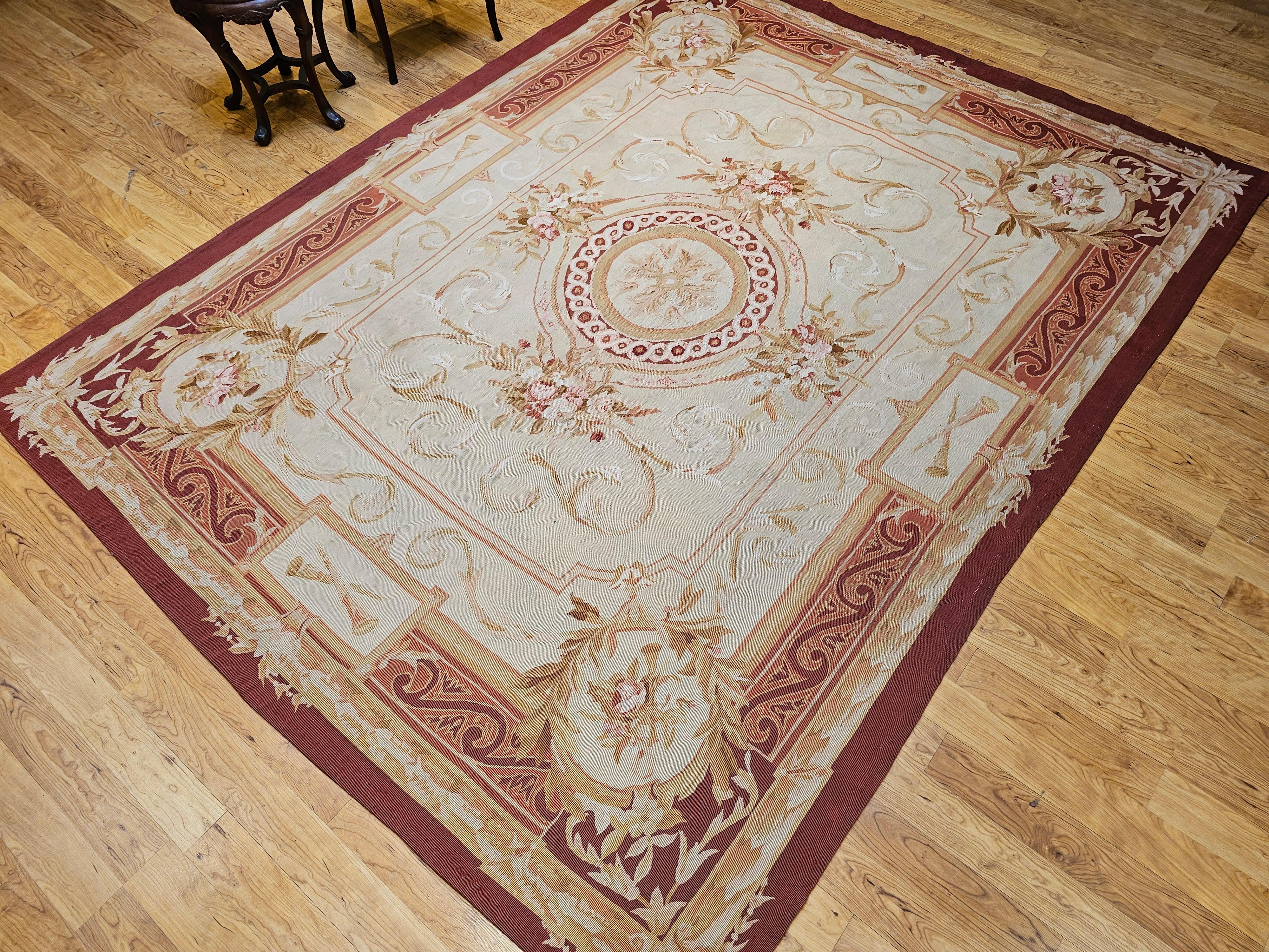 19th Century French Aubusson Tapestry Rug in Pale Green, Ivory, Pink, Brown, Tan For Sale 13