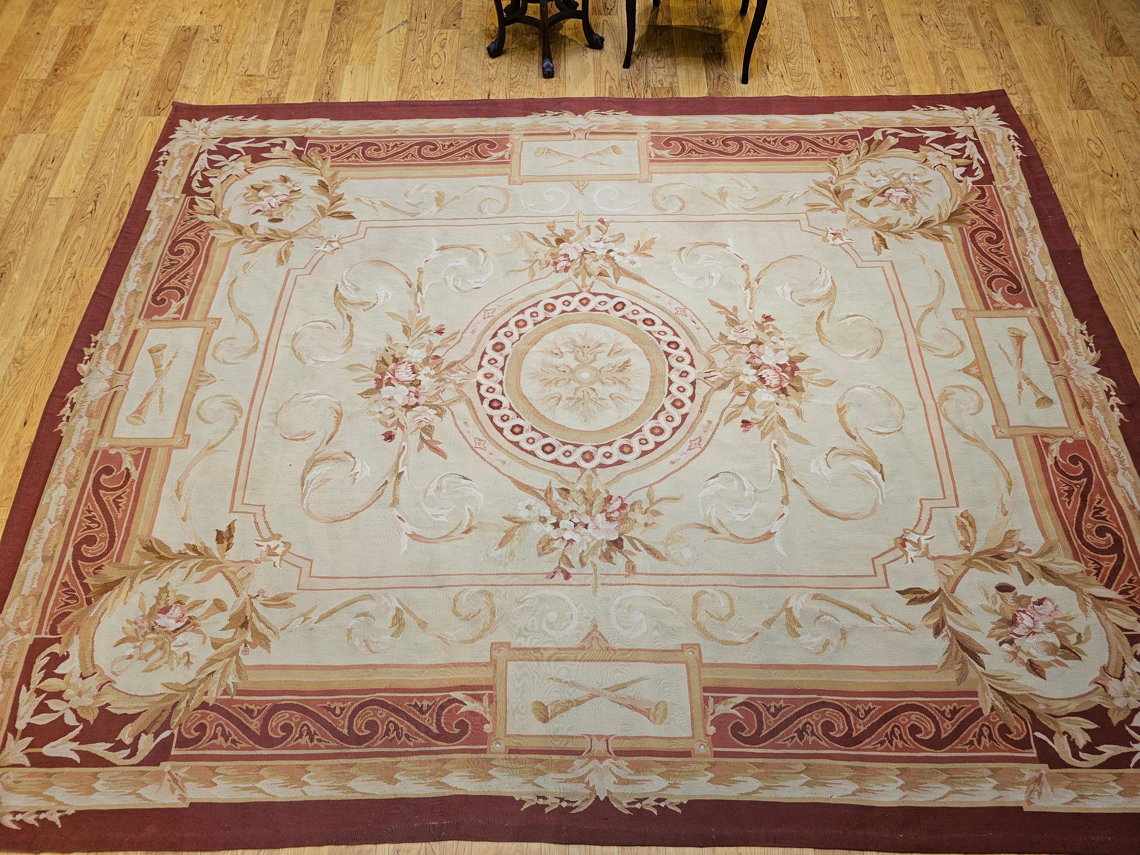 19th Century French Aubusson Tapestry Rug in Pale Green, Ivory, Pink, Brown, Tan For Sale 10