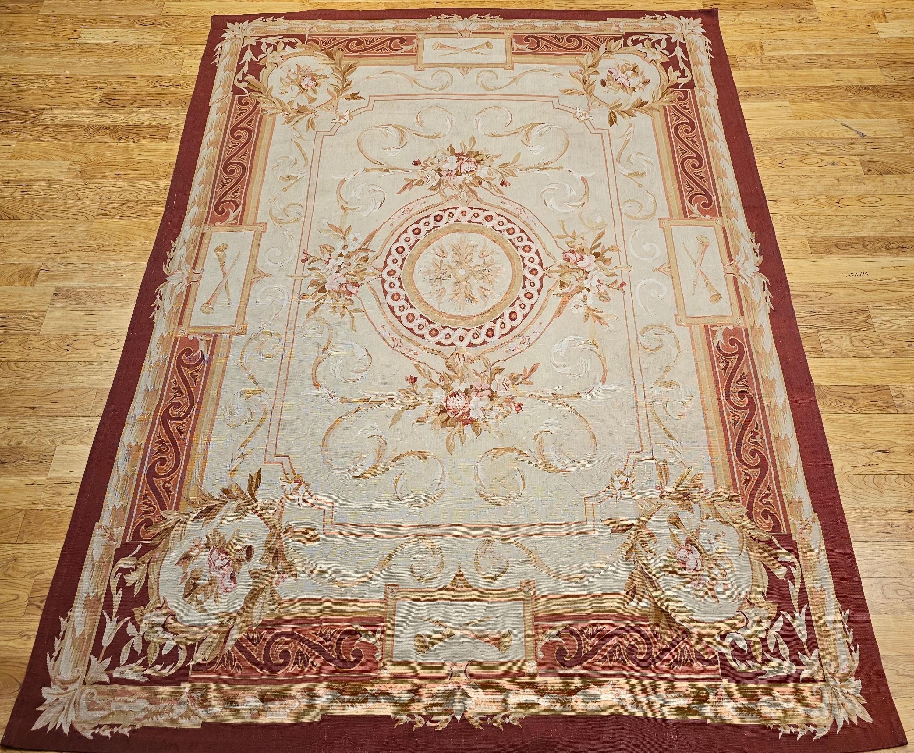An exceptionally rare 19th-century French Aubusson tapestry rug in a coveted smaller room size, ideal for elegant interiors seeking authentic European refinement. This handwoven piece features a graceful central medallion set against a pale green