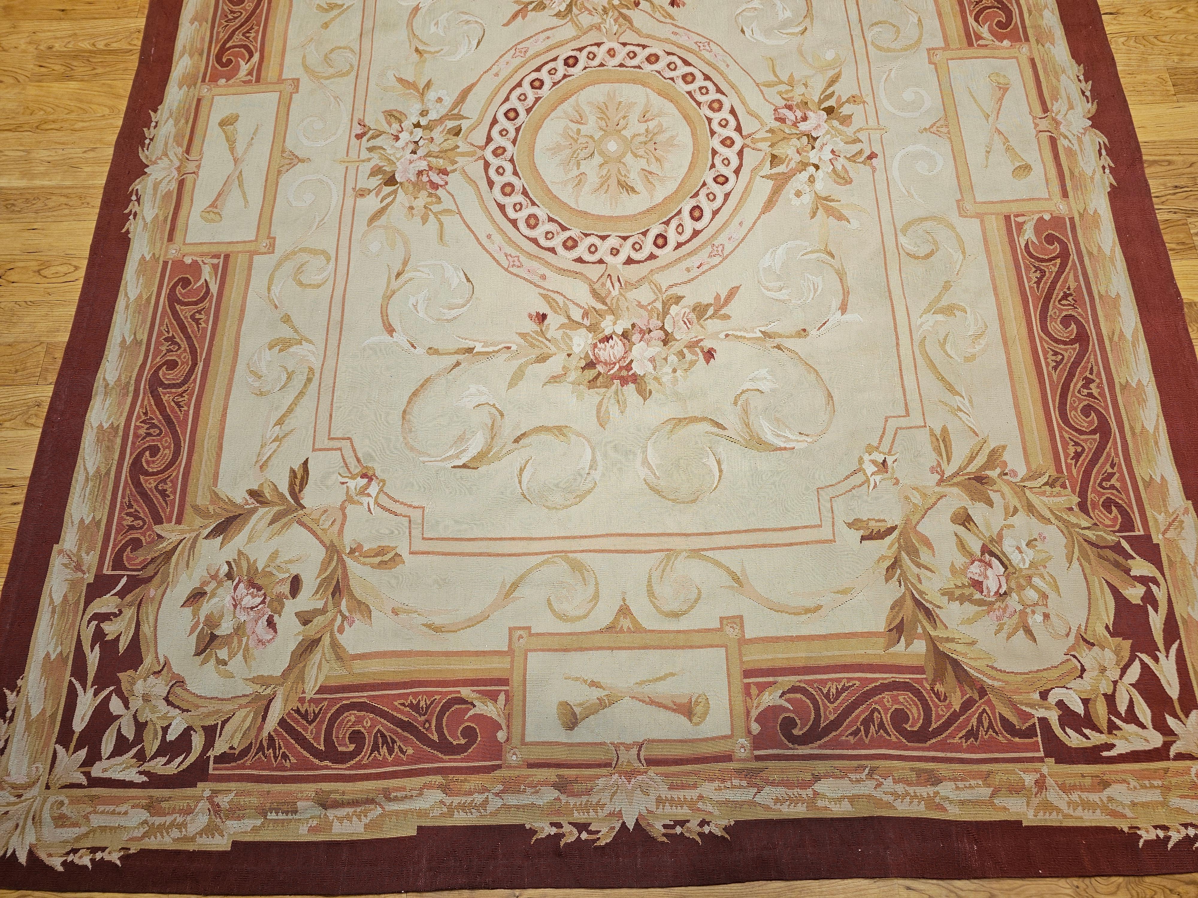 Hand-Woven 19th Century French Aubusson Tapestry Rug in Pale Green, Ivory, Pink, Brown, Tan For Sale