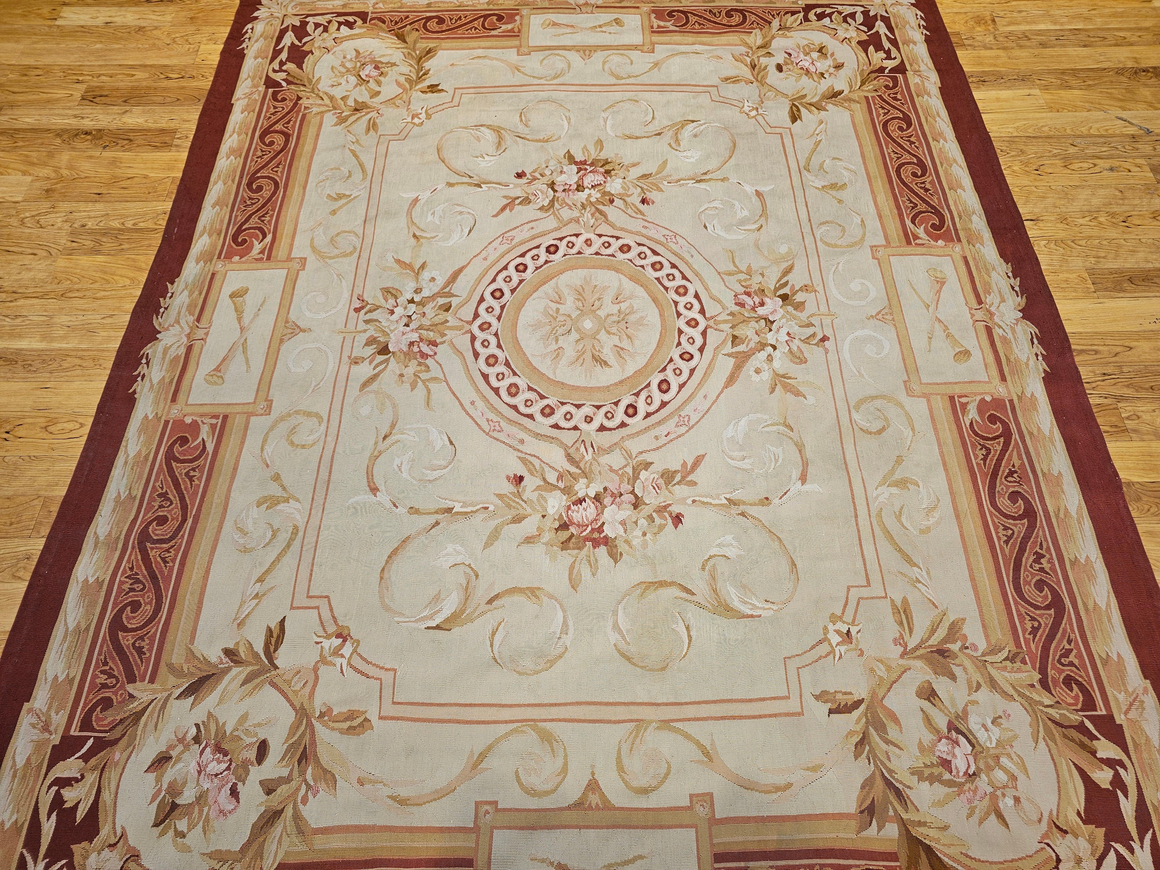 19th Century French Aubusson Tapestry Rug in Pale Green, Ivory, Pink, Brown, Tan In Good Condition For Sale In Barrington, IL